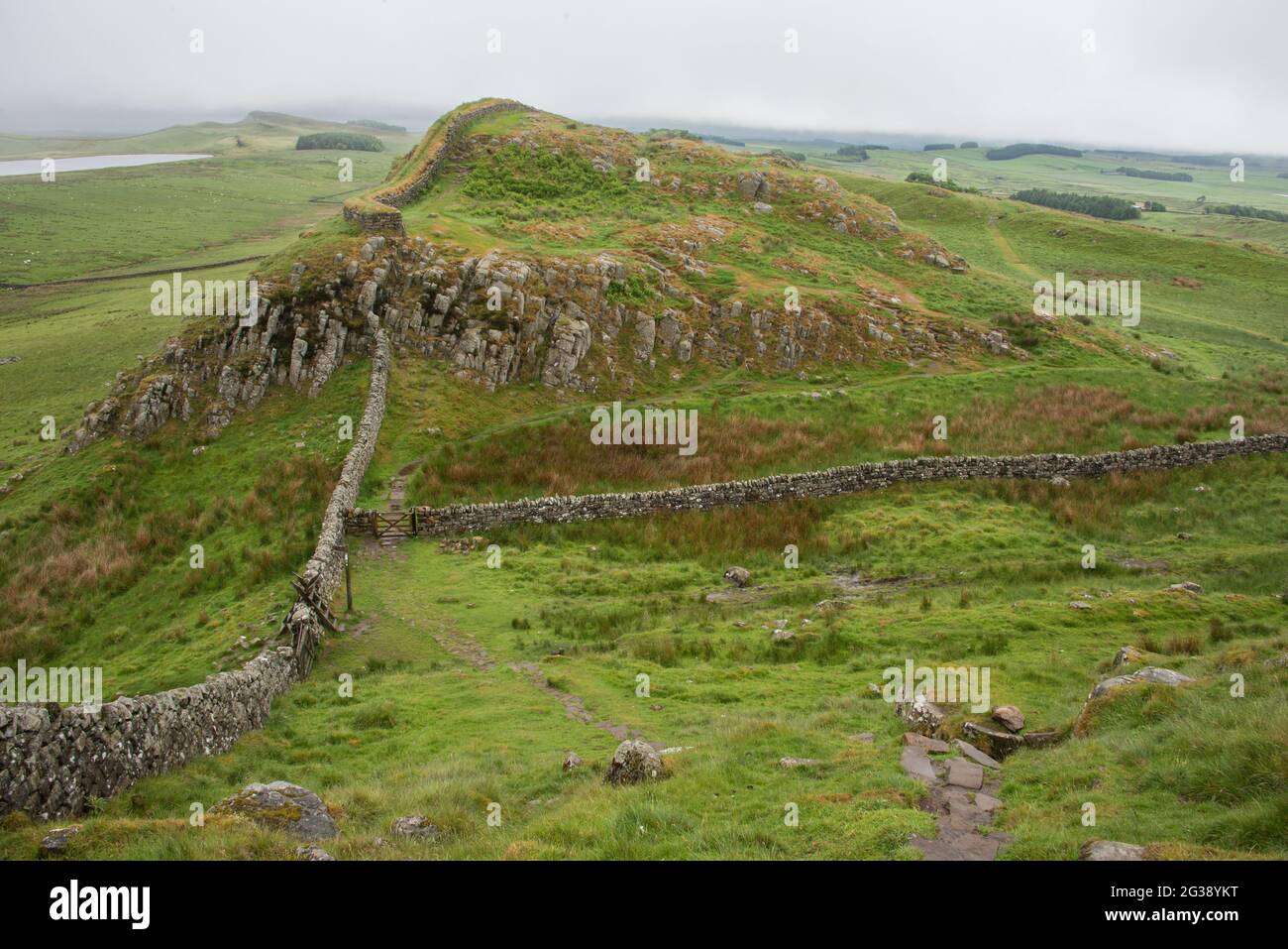Resti del Vallo di Adriano, l'antico muro di confine romano attraverso l'Inghilterra settentrionale, mentre si snodano attraverso le colline a ovest del forte romano Housesteads. Percorrendo tutto il sito patrimonio dell'umanità dell'UNESCO, il sentiero del Vallo di Adriano è uno dei percorsi escursionistici più popolari in Inghilterra. Foto Stock