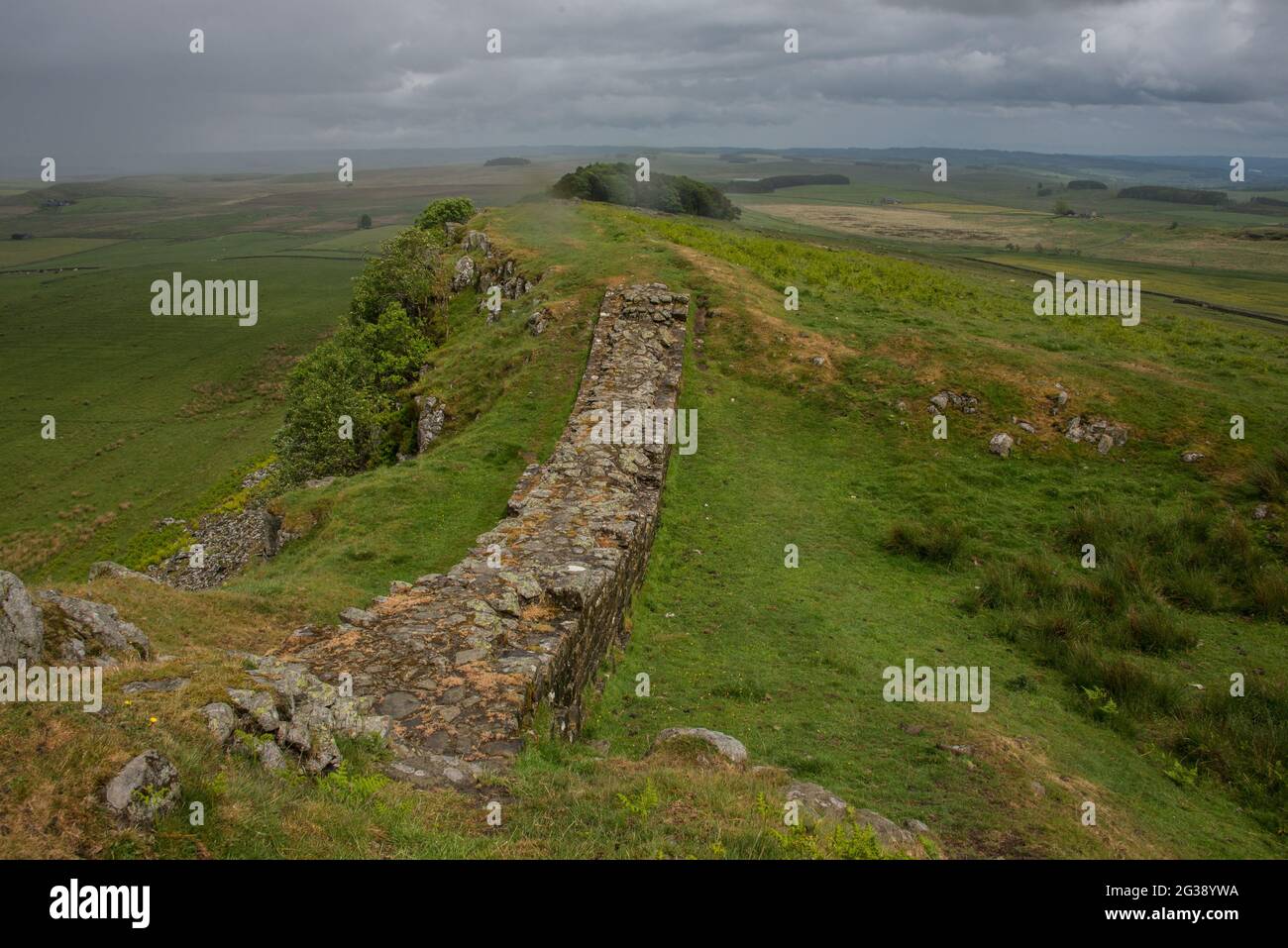 Resti di un segmento del Vallo di Adriano, l'antico muro di confine romano attraverso l'Inghilterra settentrionale, sulle scogliere di Sewingshields Crags vicino a Milecastle 35 a est del forte romano di Housesteads. Percorrendo tutto il sito patrimonio dell'umanità dell'UNESCO, il sentiero del Vallo di Adriano è uno dei percorsi escursionistici più popolari in Inghilterra. Foto Stock