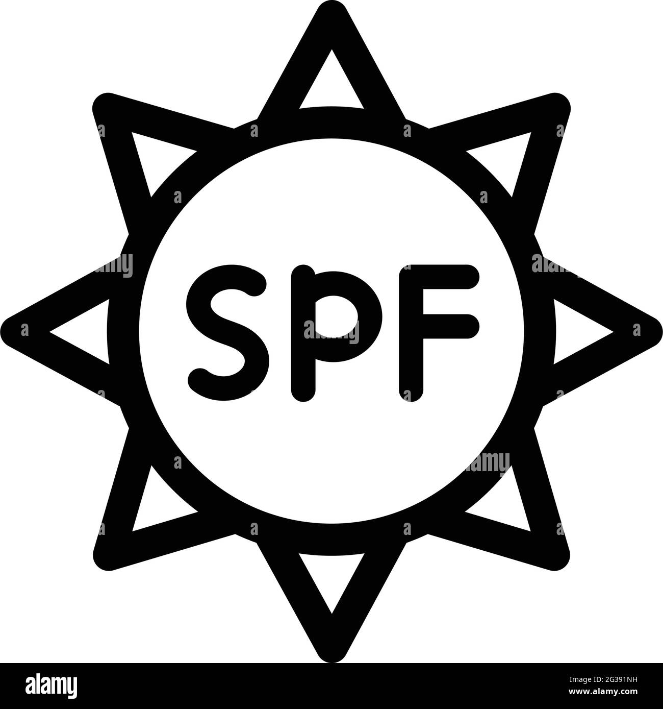 Simbolo di protezione ultravioletto. Icona SPF. Segnale raggi solari. Icona con contorno sottile su sfondo bianco. Illustrazione vettoriale. Illustrazione Vettoriale