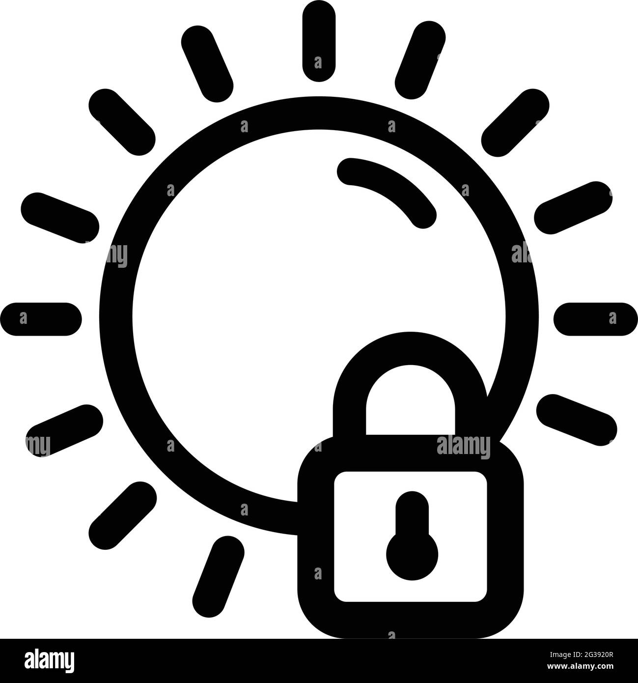 Simbolo di protezione ultravioletto. Icona SPF. Segnale raggi solari. Icona con contorno sottile su sfondo bianco. Illustrazione vettoriale. Illustrazione Vettoriale