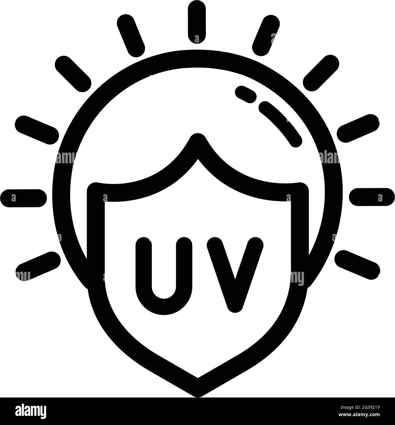 Simbolo di protezione ultravioletto. Icona UV. Segnale raggi solari. Icona con contorno sottile su sfondo bianco. Illustrazione vettoriale. Illustrazione Vettoriale
