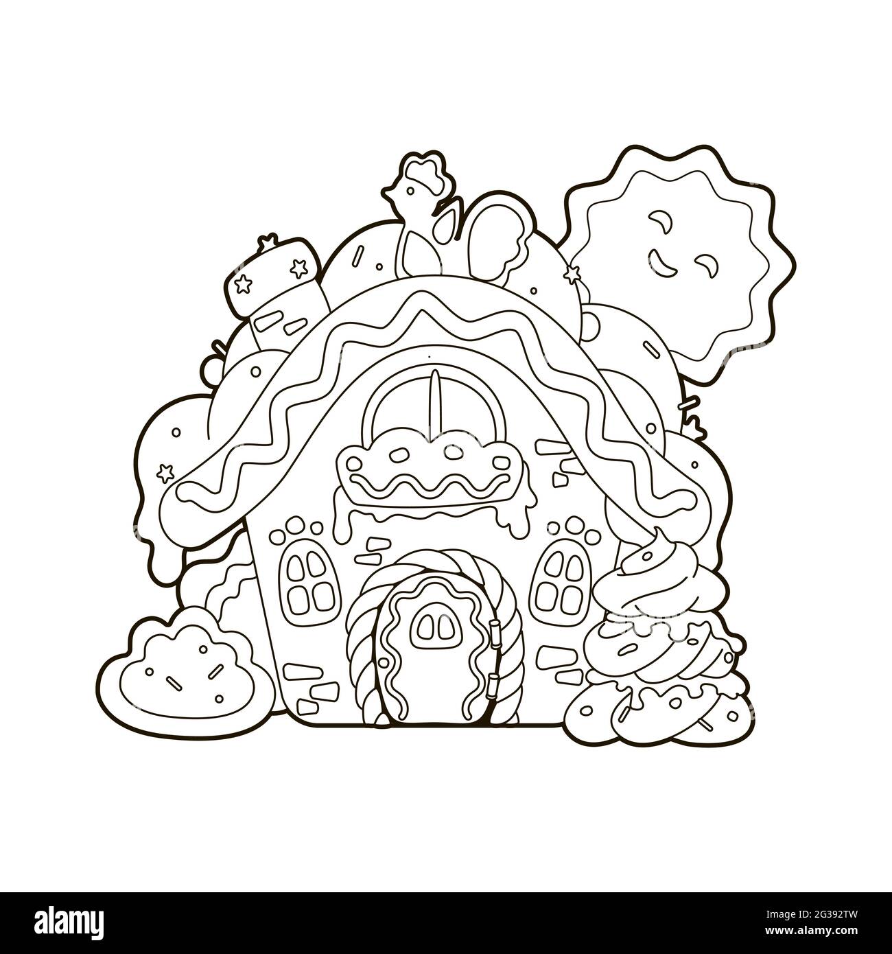 Libro da colorare : Casa di pan di zenzero di Capodanno sotto forma di un cupcake, sgozzato con crema dolce, caramelle di Capodanno e un albero di pan di zenzero Immagine e