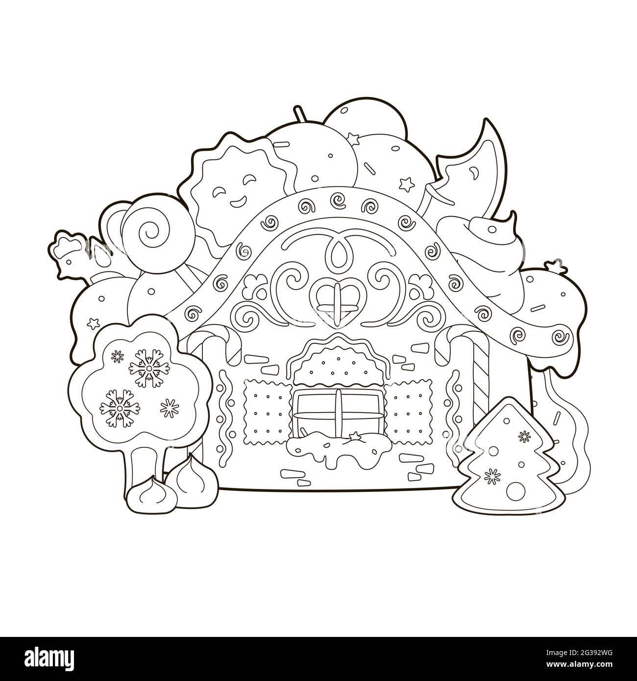 Libro da colorare : Casa di pan di zenzero di Capodanno sotto forma di un cupcake, sgozzato con crema dolce, caramelle di Capodanno e un albero di pan di zenzero Immagine e