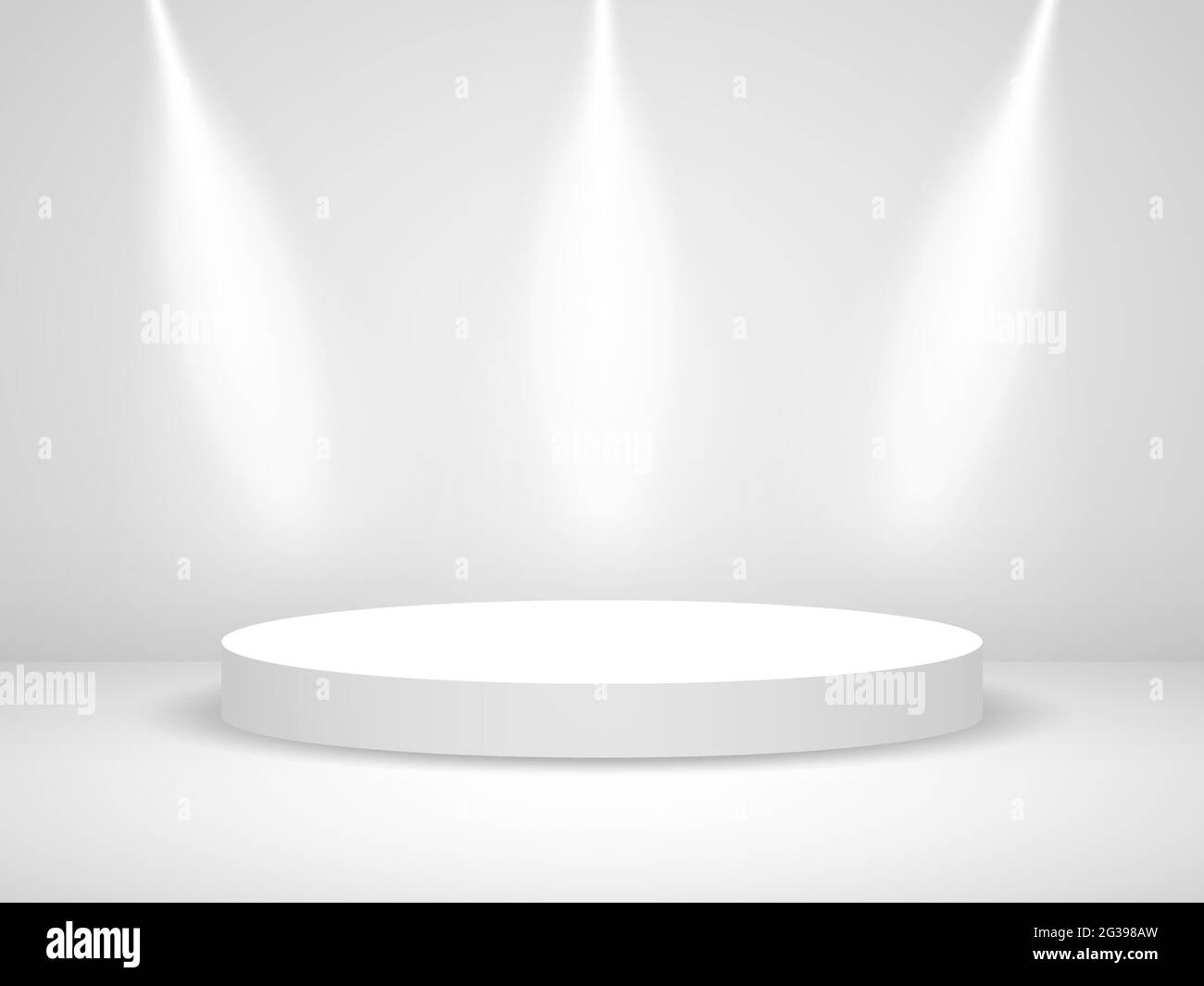 Podio rotondo con luce. Palcoscenico bianco realistico con faretti. Cerchio illuminato con ombra. Piedistallo 3d bianco o piattaforma di presentazione. Vettore Illustrazione Vettoriale