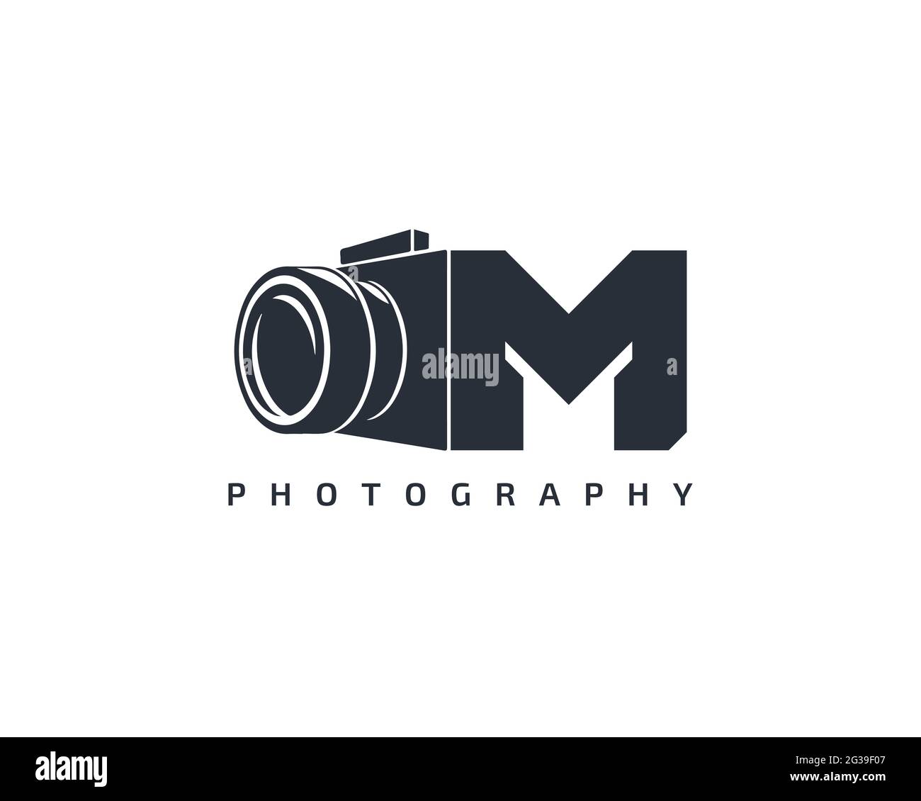 Modello con logo della fotocamera Letter M. Icona del logo della fotocamera su sfondo bianco. Fotocamera dal design trendy con logo. Illustrazione Vettoriale