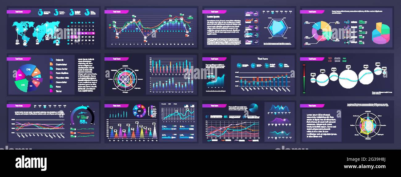 Mockup di dashboard infografiche con grafici a torta, informazioni, diagrammi e grafici. Diapositive di presentazione statistiche online e analisi dei dati. Modello Illustrazione Vettoriale