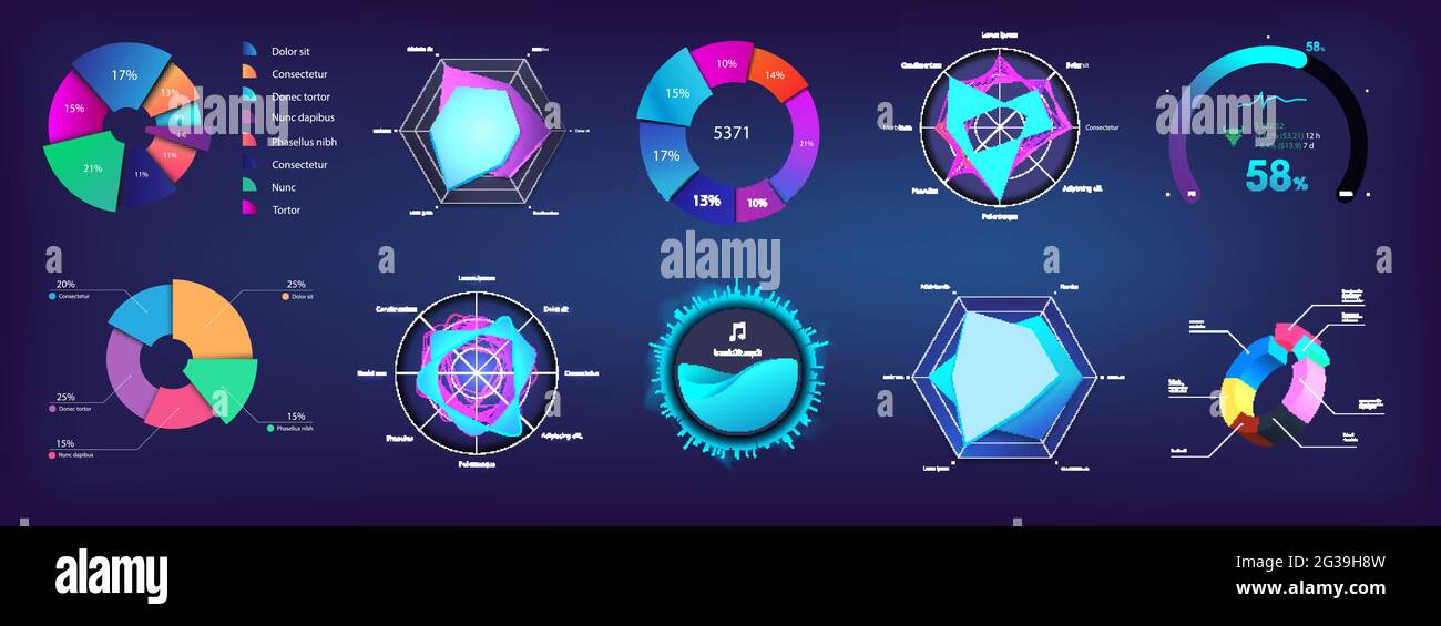 Collezione infografica Modern Pie Chart e Circle per Web, UI, UX, KIT e Mobile App. Infochart futuristico dei colori e grafico a torta. Mockup per Illustrazione Vettoriale