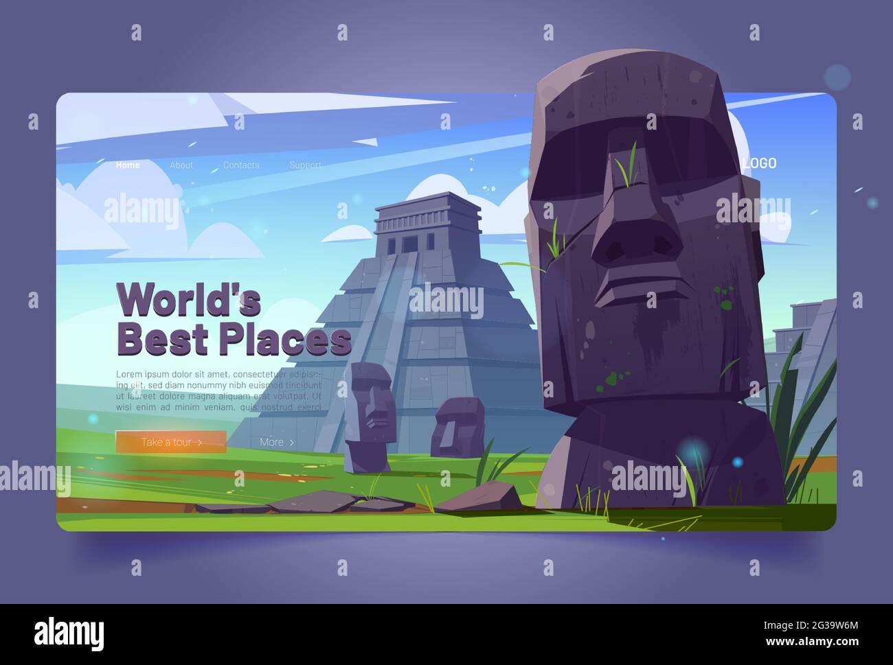 I migliori luoghi del mondo cartoon landing page. Statue di moai e piramidi, repubblica del Cile viaggio famose teste di pietra monumenti storici sul campo verde dell'isola di Pasqua o Rapa Nui, antico monumento vettore banner web Illustrazione Vettoriale