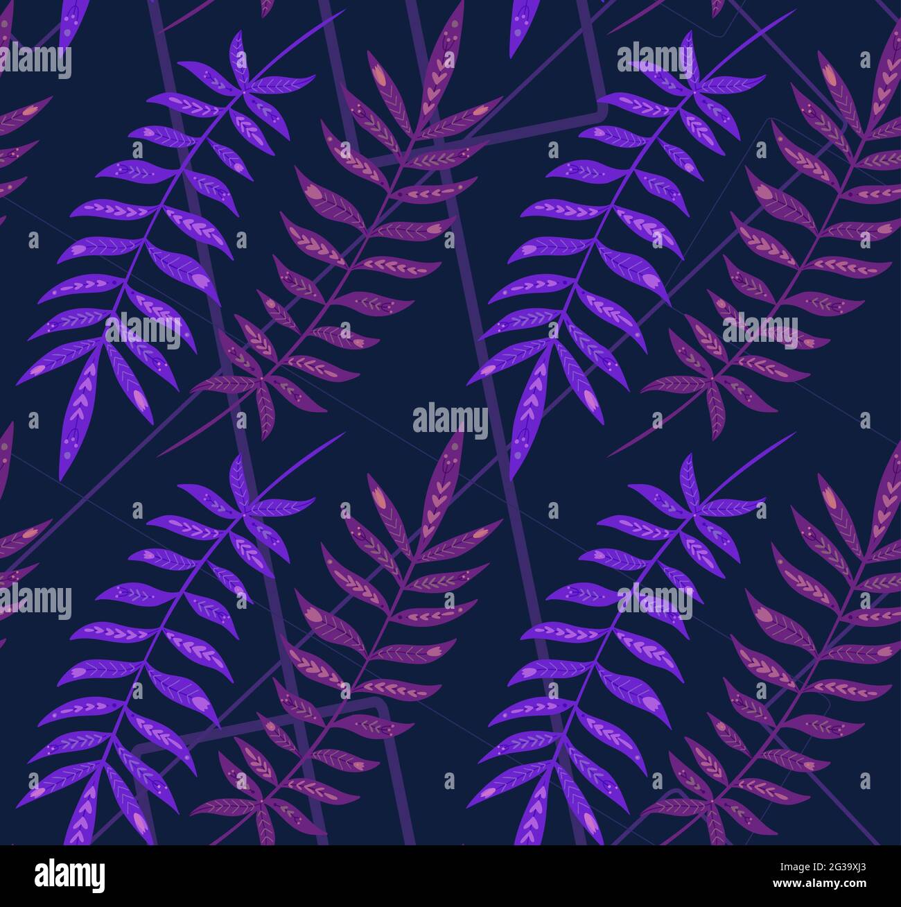 Motivo al neon senza cuciture con foglie tropicali con decorazione folk su linee geometriche. Tessitura con foglie violacee con ornamento tribale. Sfondo vettoriale Illustrazione Vettoriale
