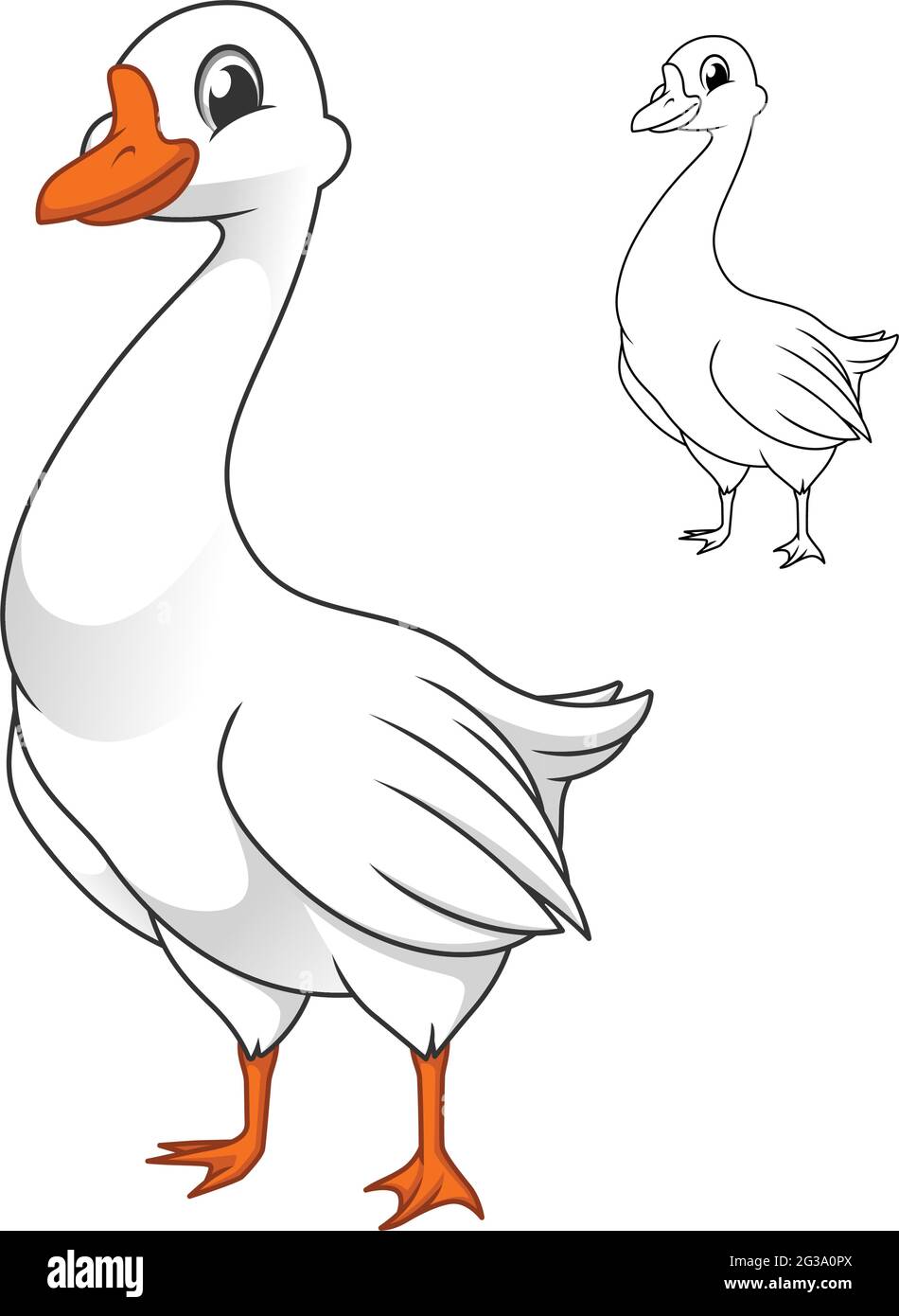 Cute Happy White Geese con disegno Line Art, Animal Birds, Illustrazione del personaggio vettoriale, Logo Cartoon Mascot in sfondo bianco isolato. Illustrazione Vettoriale