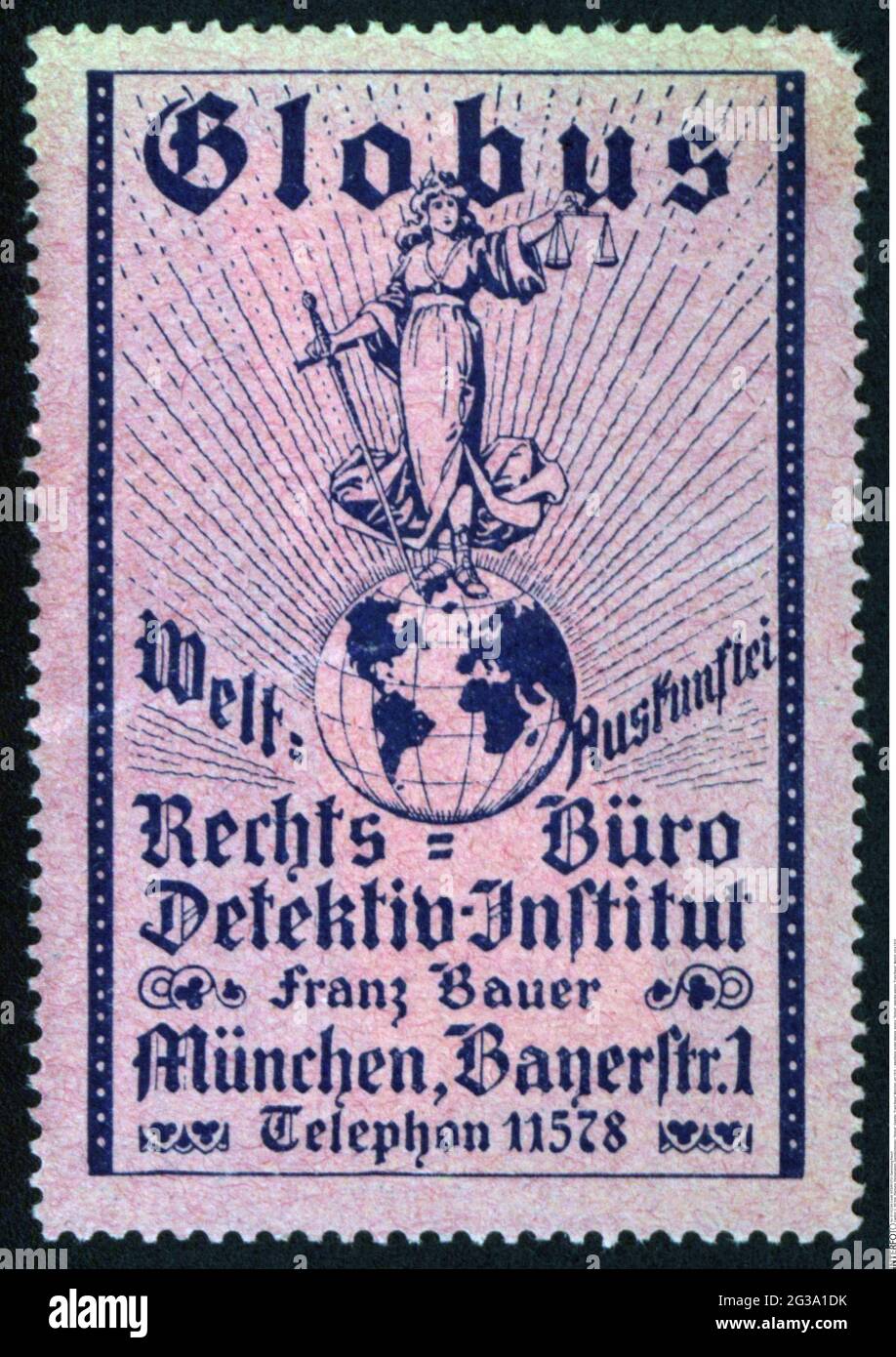 Pubblicità, francobolli da poster, servizio, «Globus», agenzia investigatrice, 'Franz Bauer', Monaco di Baviera, circa 1910, DIRITTI-AGGIUNTIVI-AUTORIZZAZIONE-INFORMAZIONI-NON-DISPONIBILI Foto Stock