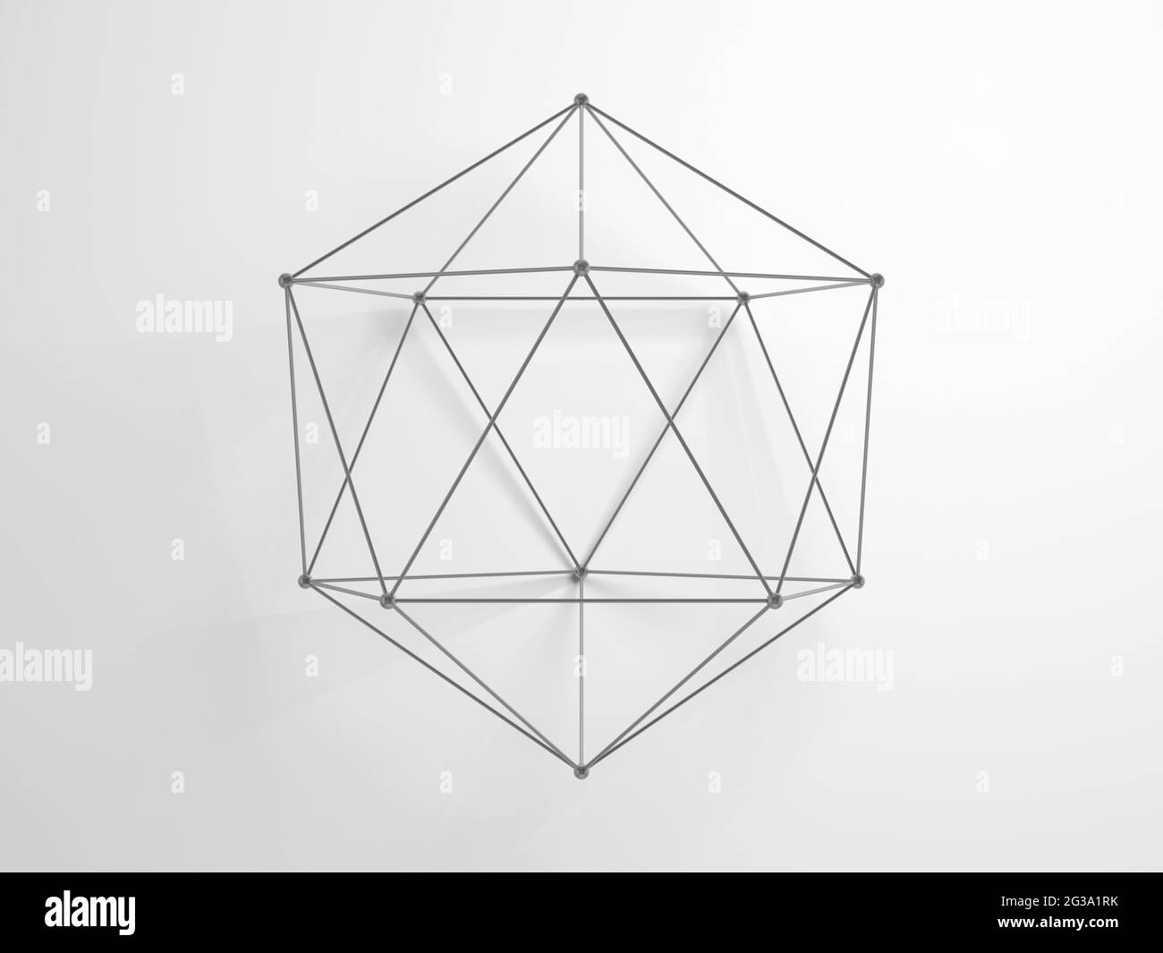 Icosaedro regolare. Struttura geometrica reticolare su sfondo bianco con ombreggiatura morbida, rappresentazione 3d Foto Stock