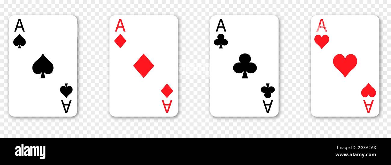 Set di quattro assi carte da gioco. Collezione di cuori, picche, mazze e diamanti asso tuta. Illustrazione vettoriale isolata su sfondo trasparente Illustrazione Vettoriale