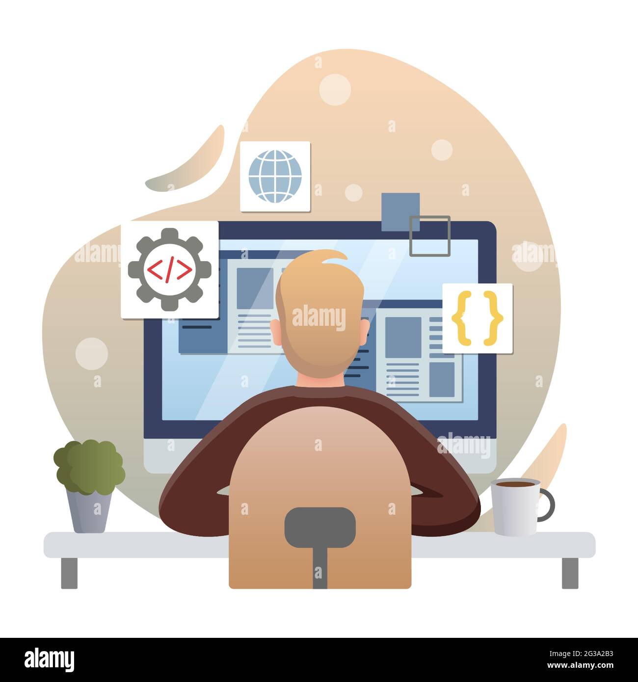 Programmazione. Illustrazione colorata in stile piatto isolato. Storage su cloud, base online, soluzione di marketing. Programmatore davanti al monitor. Illustrazione Vettoriale