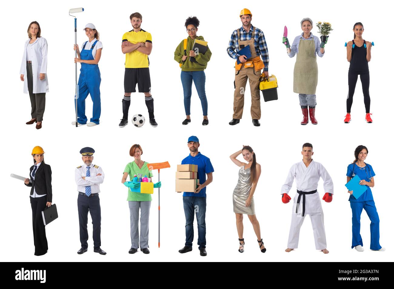 Collage insieme raccolta di persone con varie professioni professionisti in piedi isolati su sfondo bianco Foto Stock