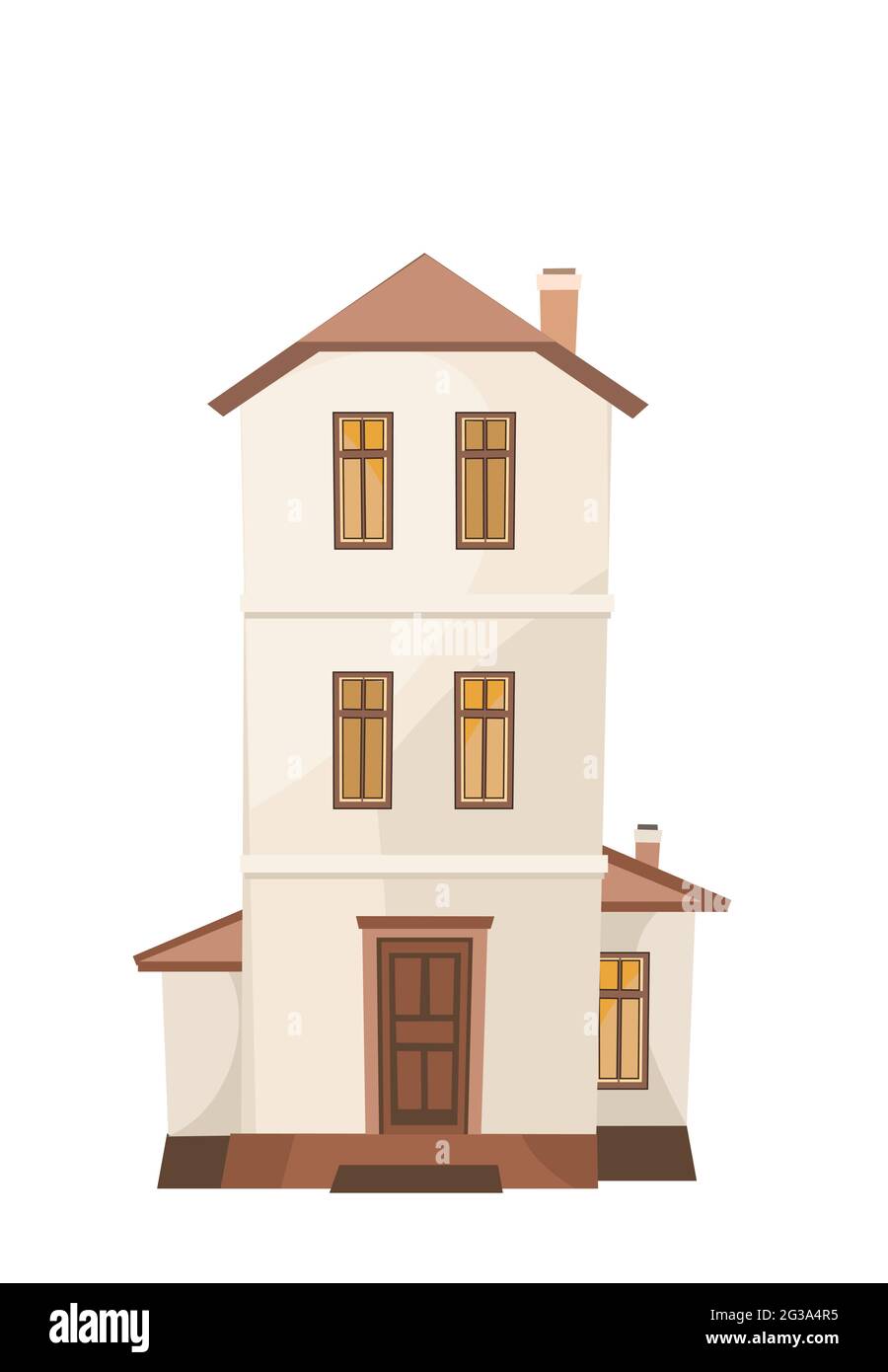 Casa Cartoon a tre piani. Accogliente e semplice abitazione rurale in stile europeo tradizionale. Dolce casa. Isolato su sfondo bianco. Vettore Illustrazione Vettoriale