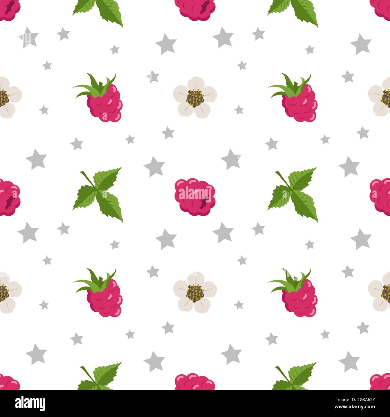 Motivo senza cuciture con lamponi, fiori e foglie Illustrazione Vettoriale