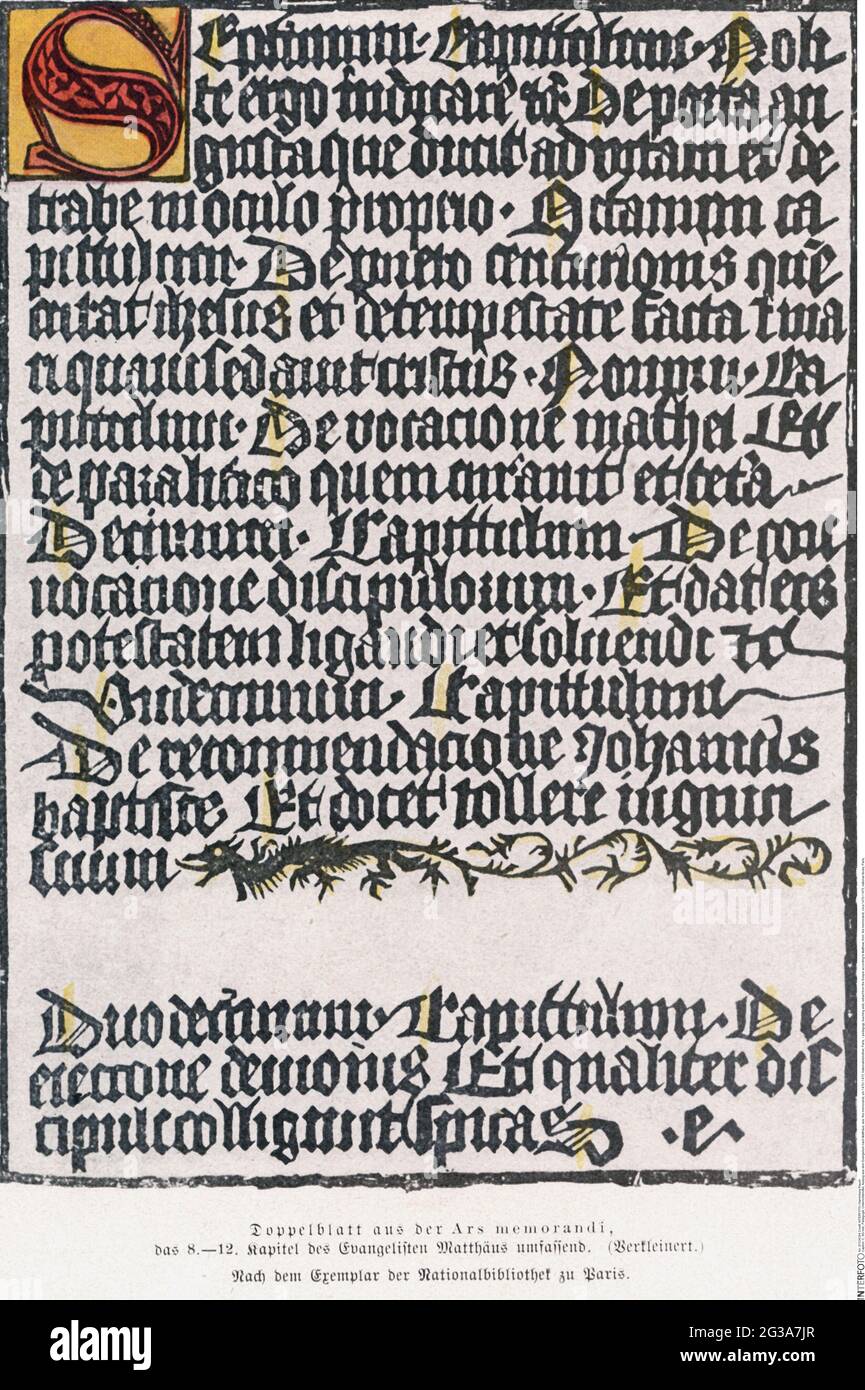 Pedagogia, ausili didattici, estratto dal Vangelo secondo Matteo, da: Ars memorandi, IL DIRITTO D'AUTORE DELL'ARTISTA NON DEVE ESSERE ELIMINATO Foto Stock