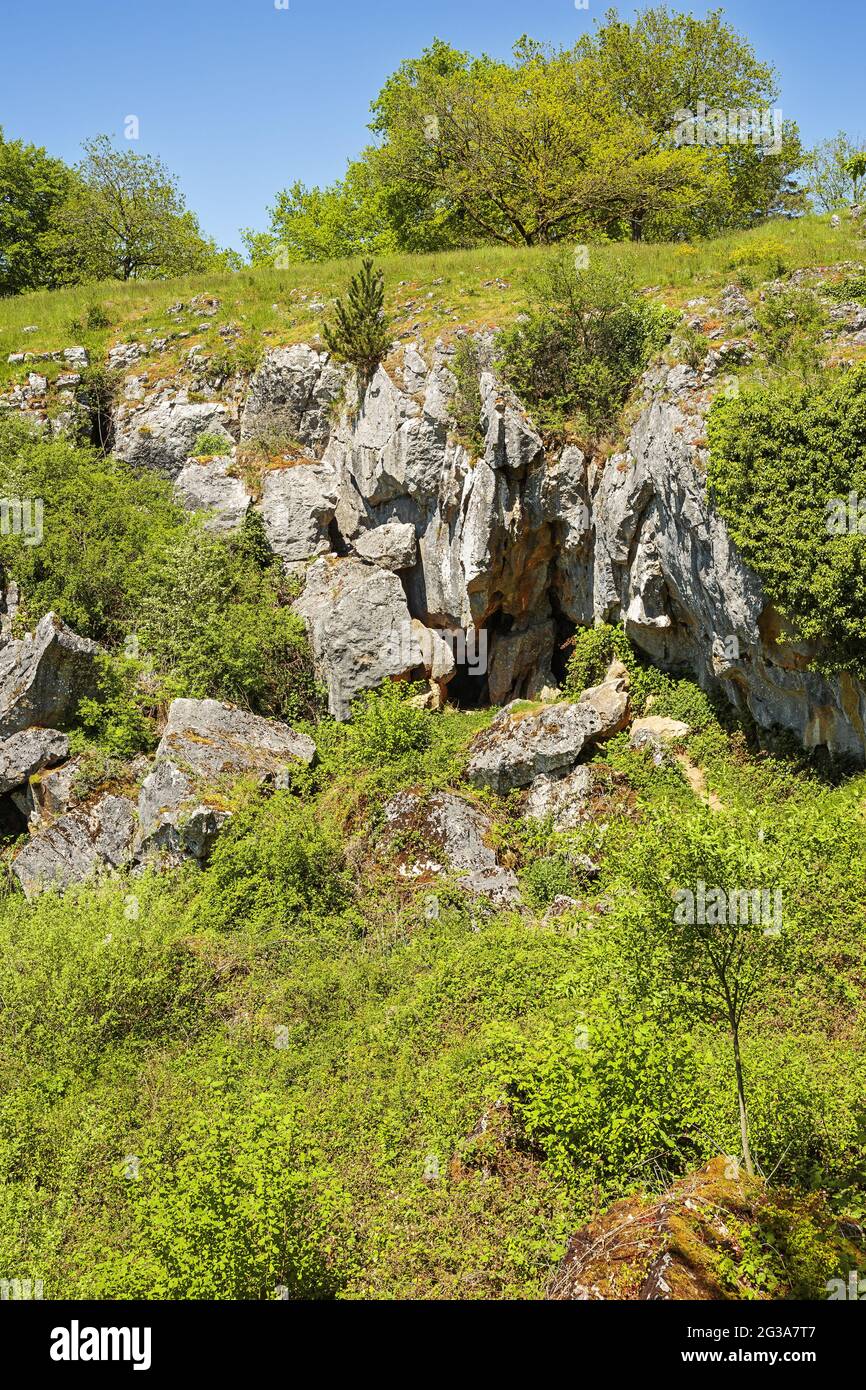 La sinkhole del Rocher Troué (roccia fessurata) vicino alla Fondry des chiens a Nismes. Fondry proviene dalla fonderie francese perché minerale di ferro da Foto Stock