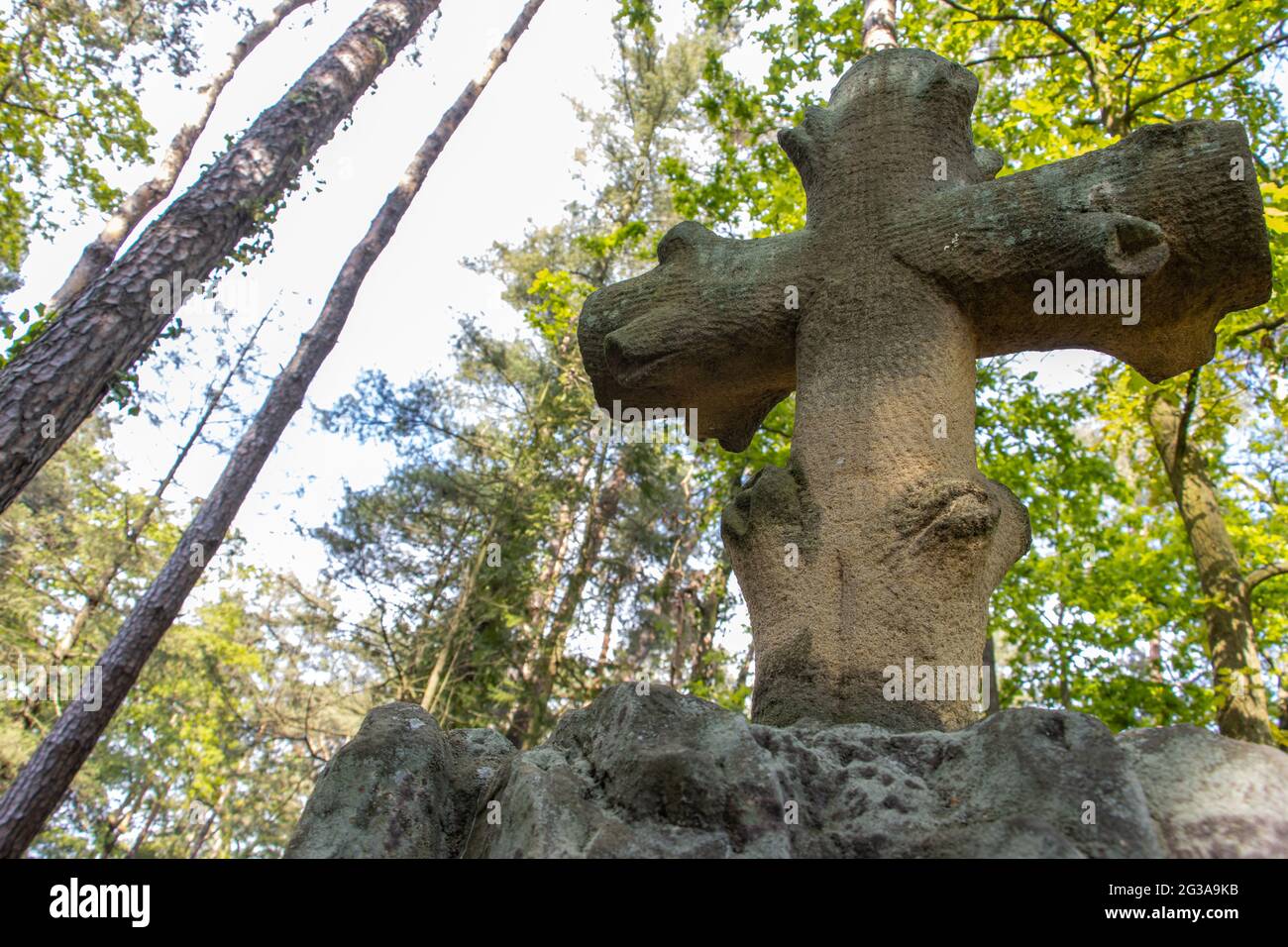 Una croce cristiana di pietra sotto le cime degli alberi. Foto Stock