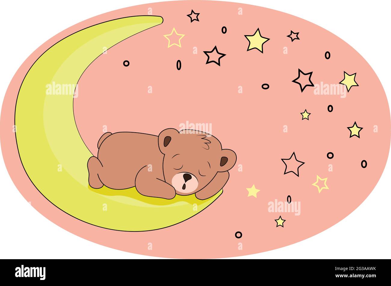 Carino cartolina per bambini. Un piccolo orsacchiotto dorme sulla luna, in un cielo rosa, sotto forma di un'ellisse con stelle. Illustrazione Vettoriale