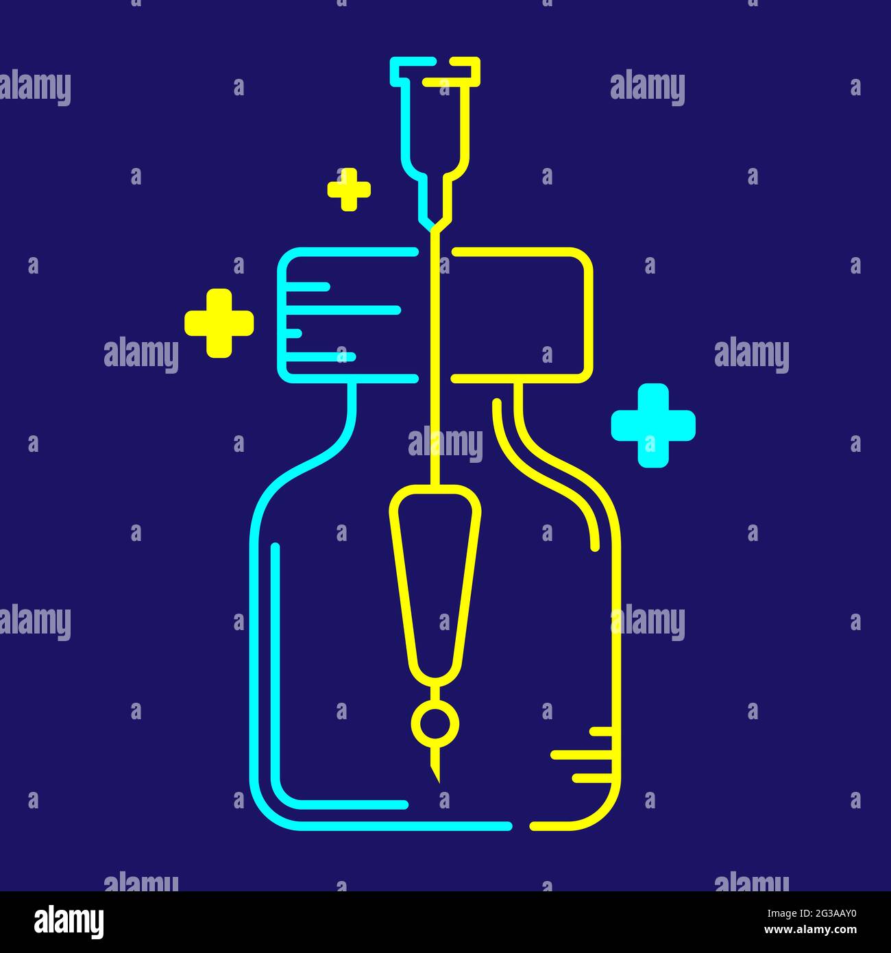 Logo covid-19 simbolo del punto esclamativo del vaccino in flacone e siringa Punta con icona a croce, concetto di avvertimento di rischio di vaccinazione illustrazione del progetto Illustrazione Vettoriale