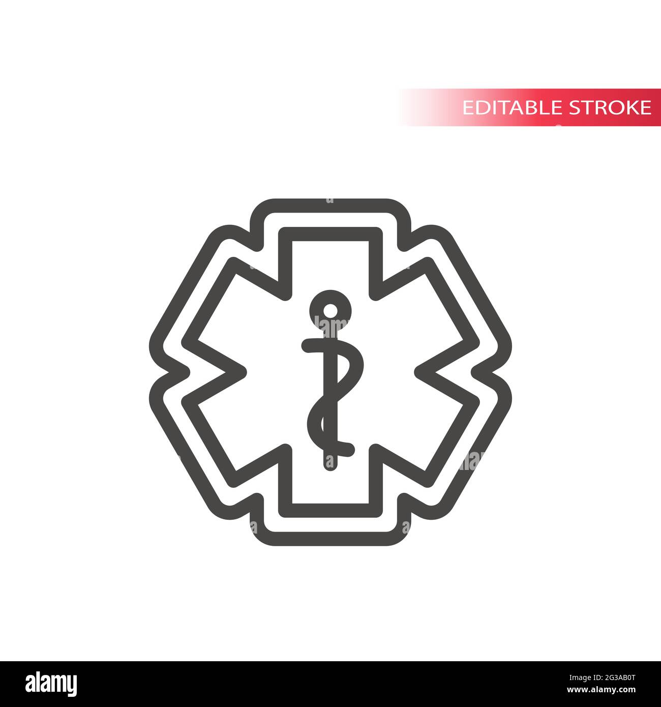Icona vettore di pronto soccorso, emergenza medica. Rod of asclepio o esculapio con serpente, icona ems, tratto modificabile. Illustrazione Vettoriale