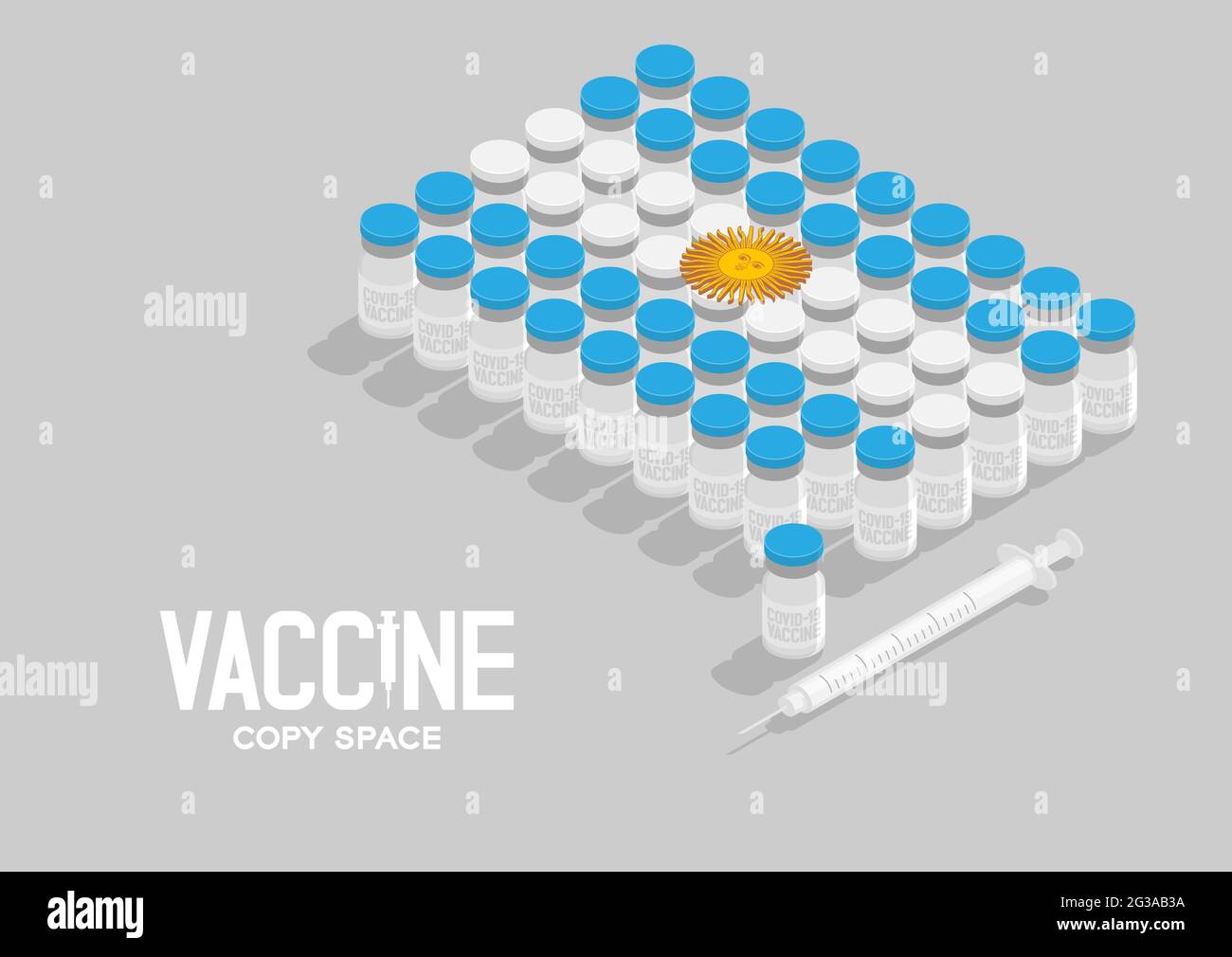 Vaccino isometrico covid-19 flacone e siringa, argentina nazionale forma bandiera, campagna di vaccinazione globale Paese concetto illustrazione di progetto isolato Illustrazione Vettoriale