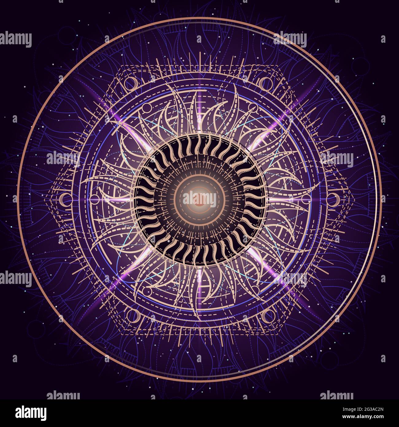 Illustrazione vettoriale del simbolo della geometria Sacra su sfondo astratto. Segno mistico disegnato in linee. Immagine di colore viola. Illustrazione Vettoriale