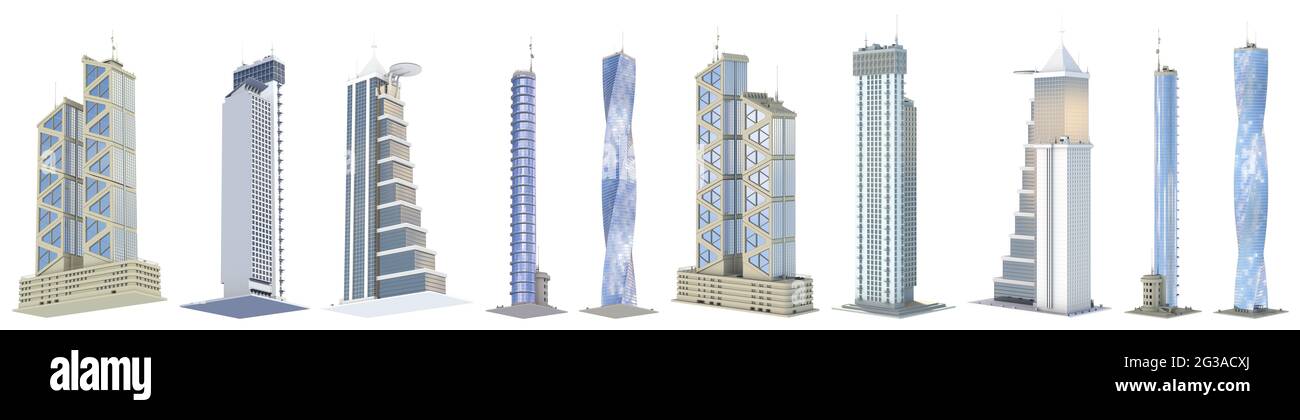 Set di case high tech altamente dettagliate con design immaginario e riflesso cielo blu - isolato, vista laterale vari illustrazione 3d dei grattacieli Foto Stock