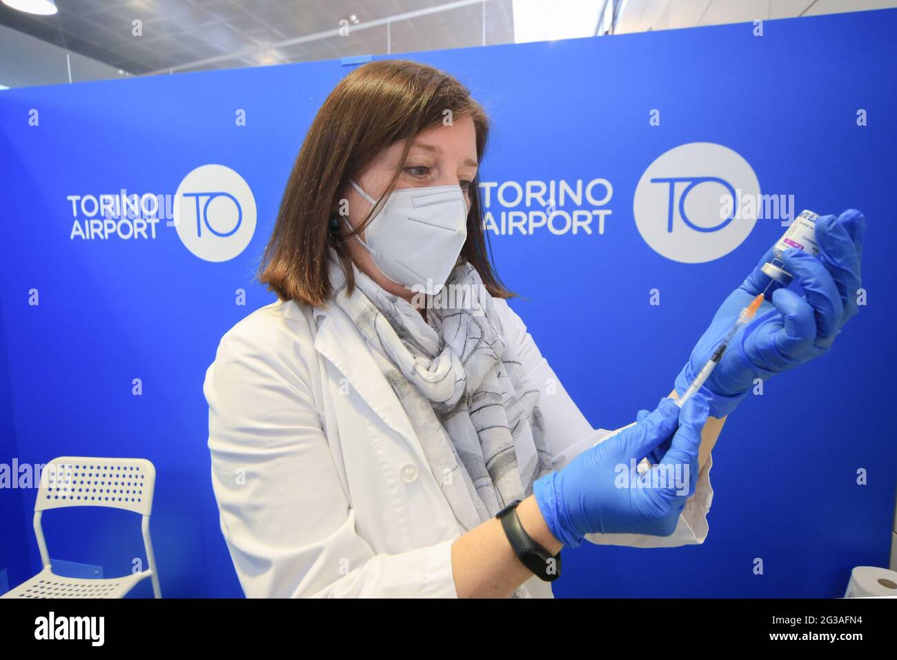 Caselle, provincia di Torino, apre il centro vaccinazioni anti Covid-19 dell'aeroporto di Torino-caselle, frutto della collaborazione tra la Regione Piemonte Foto Stock
