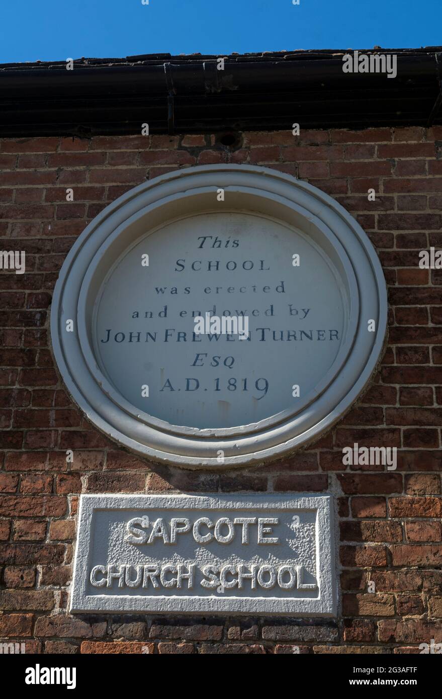 Sapcote Church School Plaque, Leicestershire, Inghilterra, Regno Unito Foto Stock