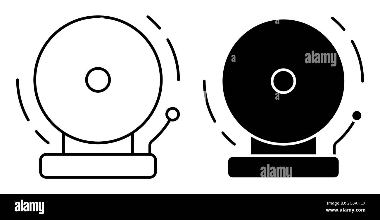 Suono allarme scuola parete campana. Notifica sonora presso un istituto di istruzione superiore durante l'evacuazione. Vettore lineare semplice Illustrazione Vettoriale