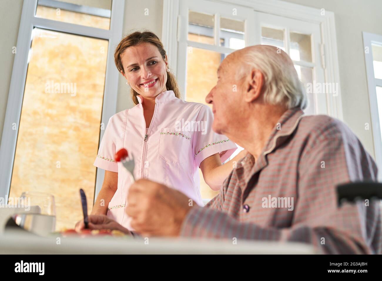 Donna di servizio di cura che serve un pranzo domestico anziano nel suo appartamento Foto Stock