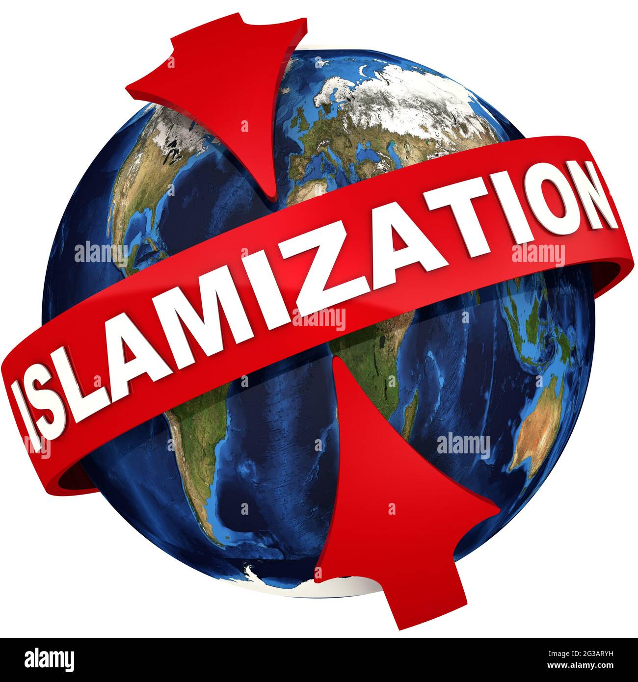 islamizzazione globale. Le frecce rosse enfatizzano il testo bianco SULL'ISLAMIZZAZIONE sullo sfondo del globo. Isolato. Illustrazione 3D Foto Stock