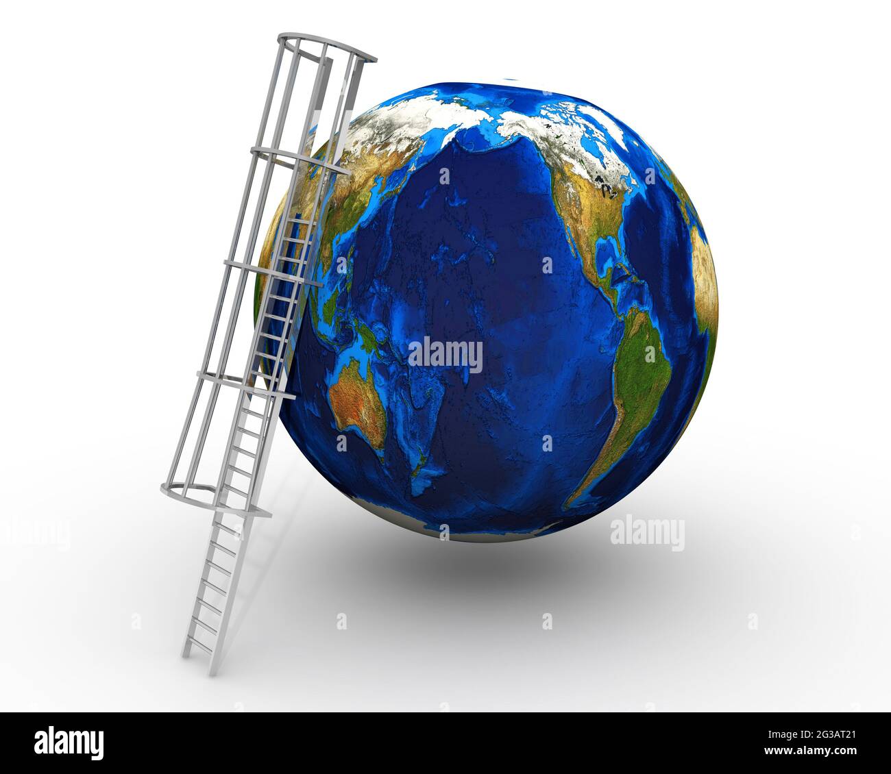 La conquista del pianeta Terra. La scala si appoggia su un globo. Isolato. Illustrazione 3D Foto Stock