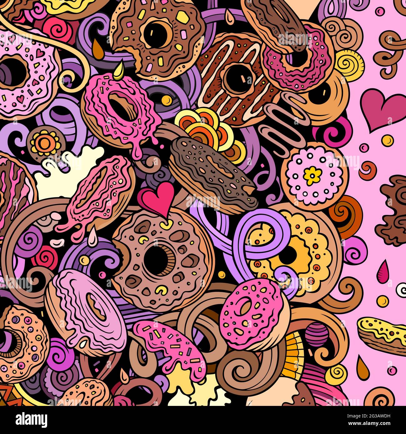 Ciambelle disegnate a mano vettore doodles illustrazione. Design della scheda con cornice per dolci. Donut elementi e oggetti sfondo cartoon. Colori luminosi bordo divertente. Illustrazione Vettoriale