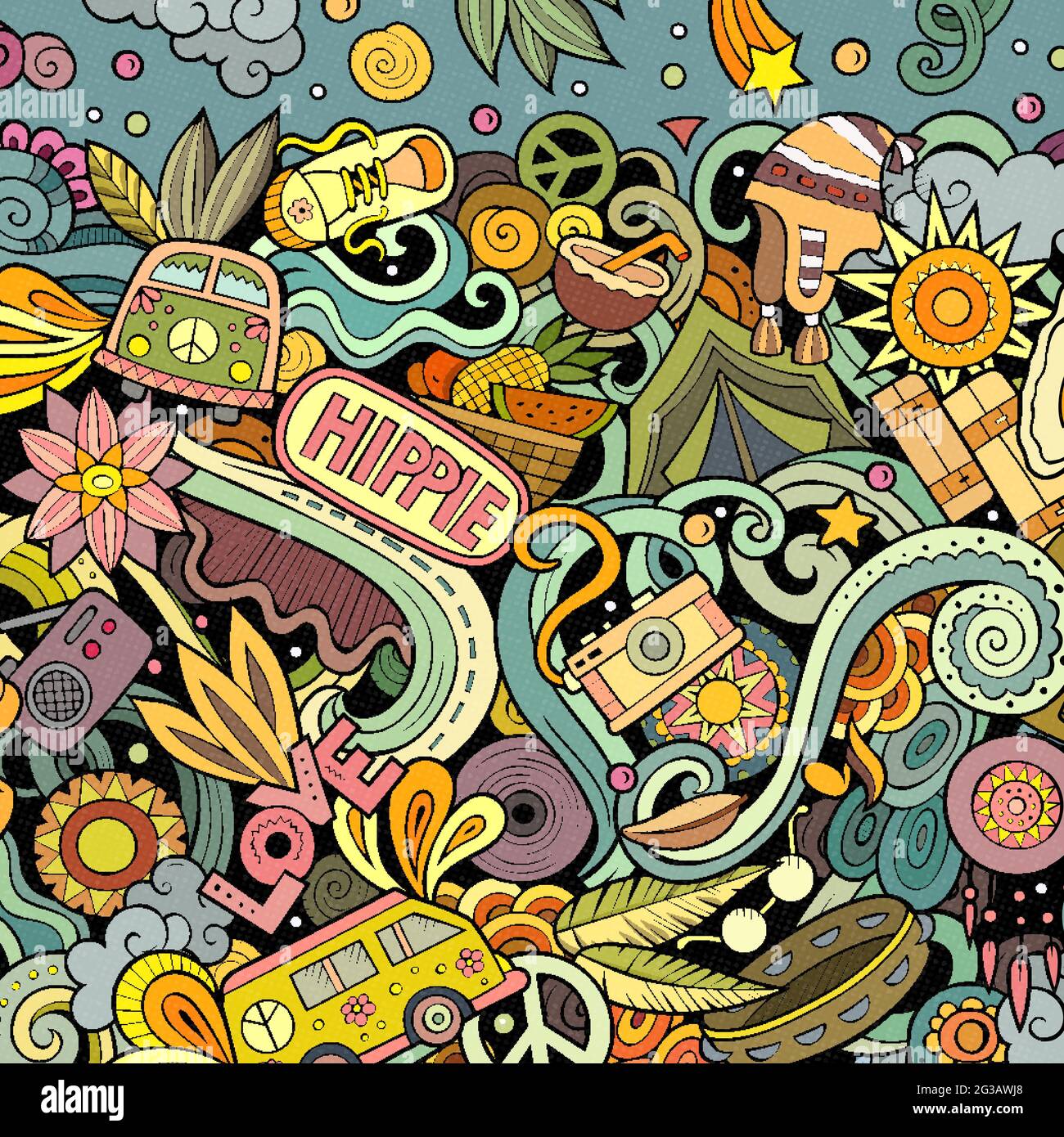 Illustrazione di doodles vettoriali disegnati a mano di hippie. Design della scheda Hippy Frame. Elementi e oggetti per giovani sfondo cartoon. Colori luminosi bord divertente Illustrazione Vettoriale