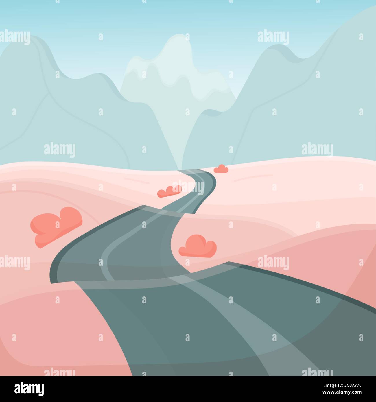 Strada primaverile per le montagne. Concetto di viaggio in auto. Illustrazione Vettoriale