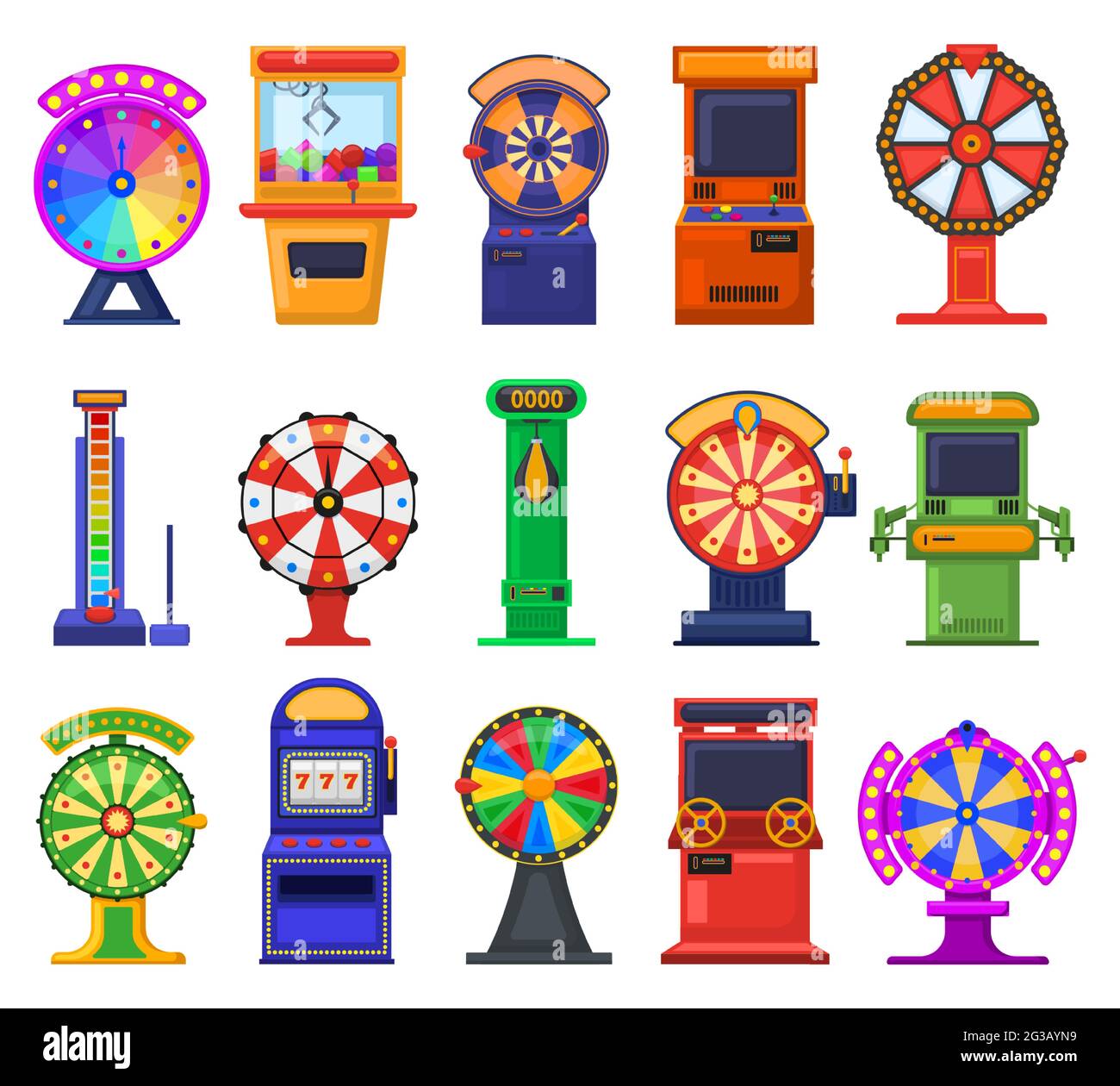 Slot machine per il gioco d'azzardo. Videogiochi arcade, slot machine per il gioco d'azzardo e gettoni per l'intrattenimento vettoriale set di illustrazioni. Gioco d'azzardo retro Illustrazione Vettoriale