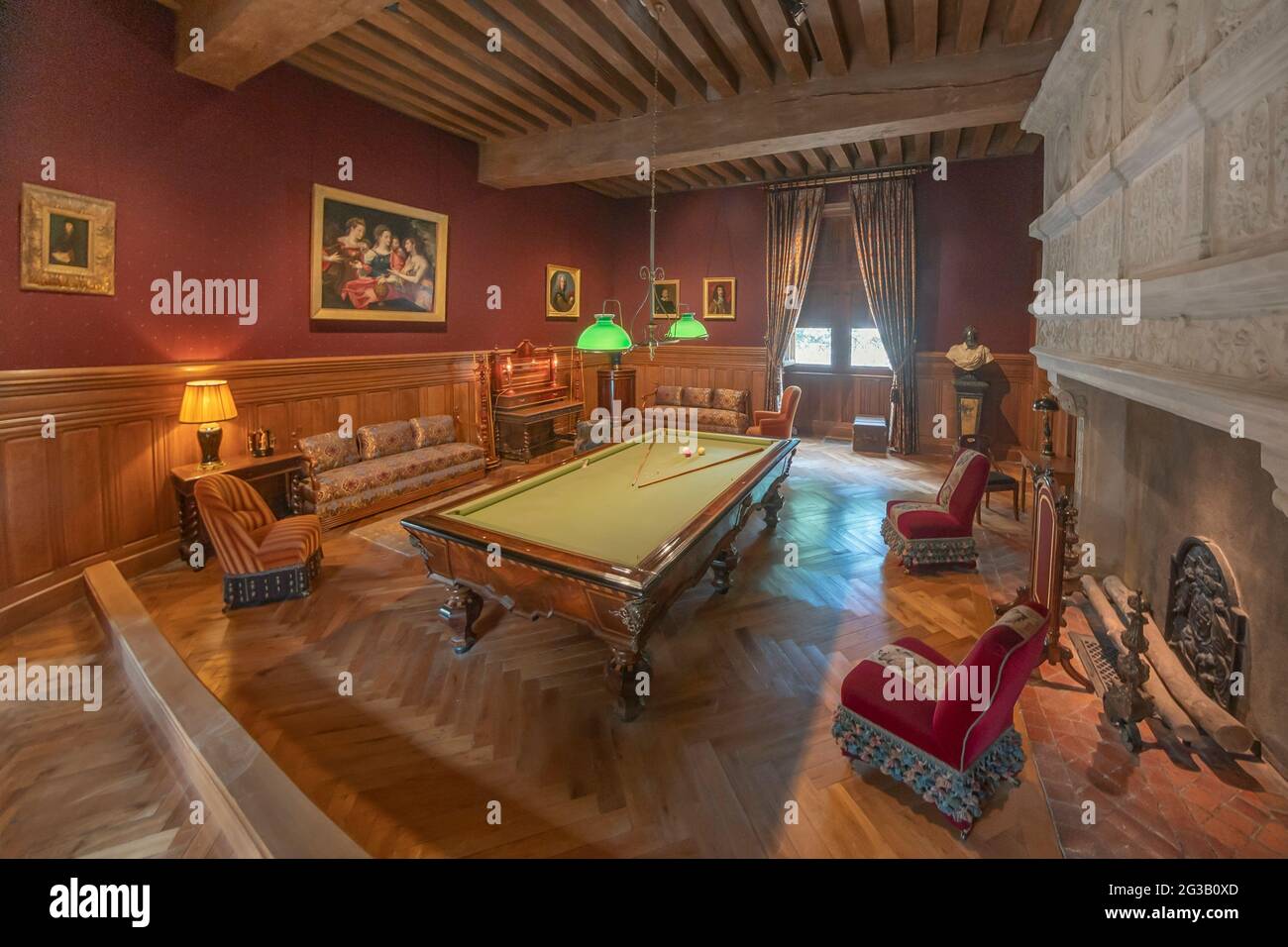 FRANCIA - VALLE DELLA LOIRA - INDRE ET LOIRE (37) - CASTELLO D'AZAY LE RIDEAU : LA SALA DA BILIARDO, IL CUI RESTAURO DAL CENTRO DEI MONUMENTI NATIONAUX È STATO Foto Stock