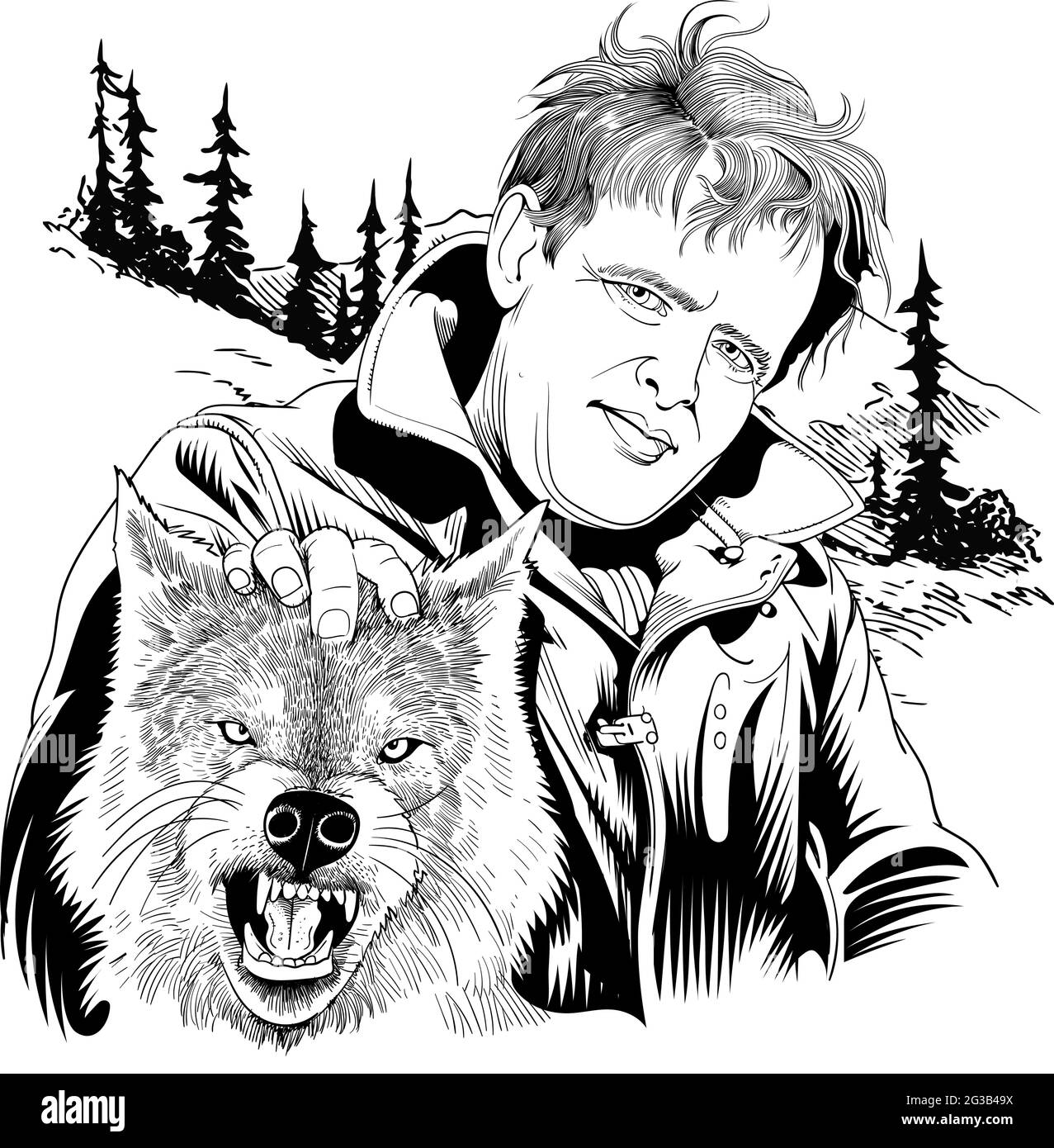 Jack London linea art stile ritratto, vettore. Illustrazione Vettoriale