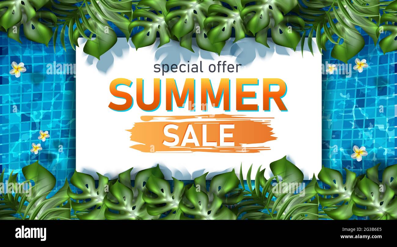 Modello banner Vector Summer sale con strutture piscina e piante esotiche. Illustrazione Vettoriale