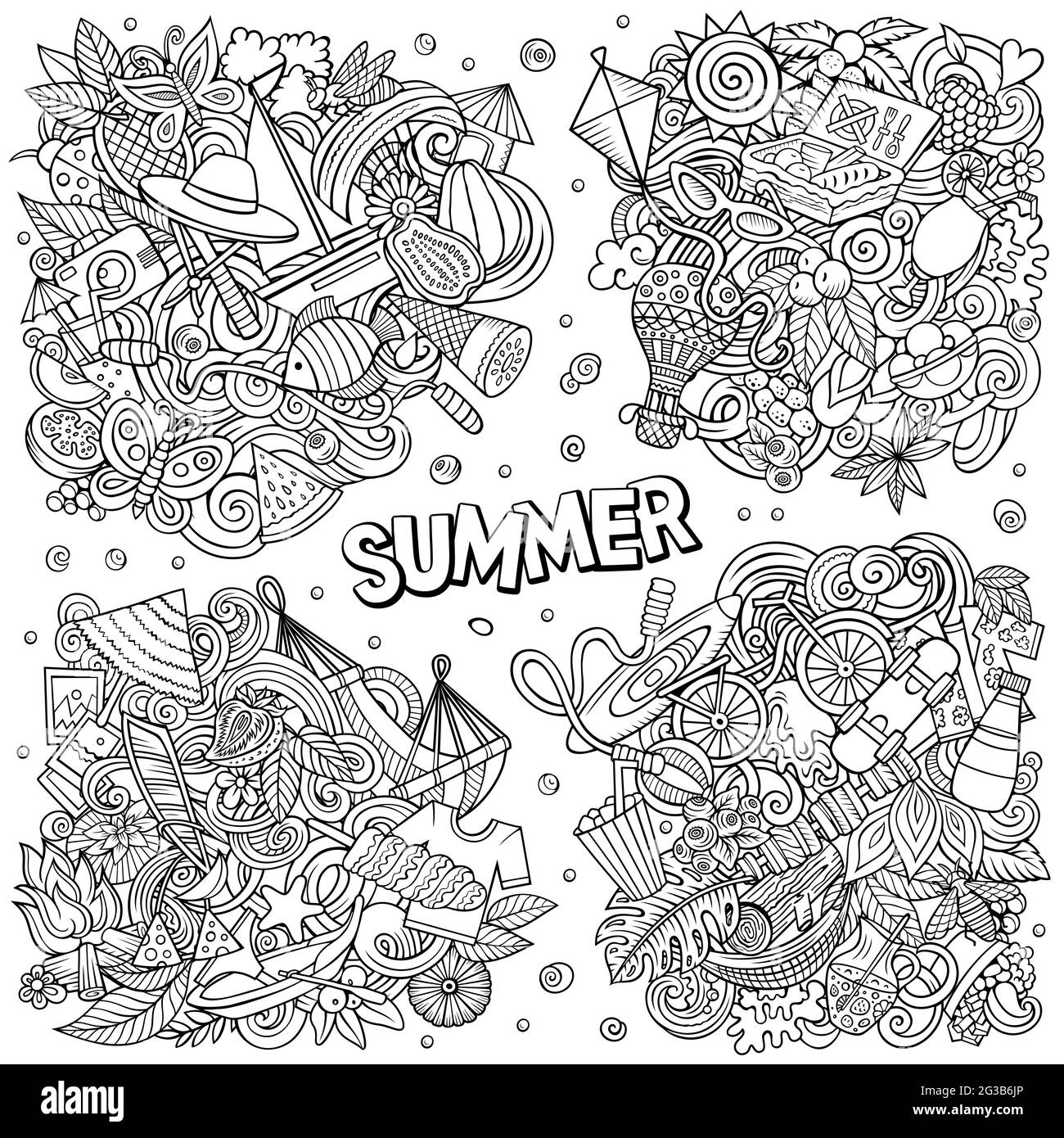 Set di disegni vettoriali doodle cartoni animati estivi. Composizioni dettagliate abbozzate con molti oggetti e simboli di stagione. Tutti gli elementi sono separati Illustrazione Vettoriale