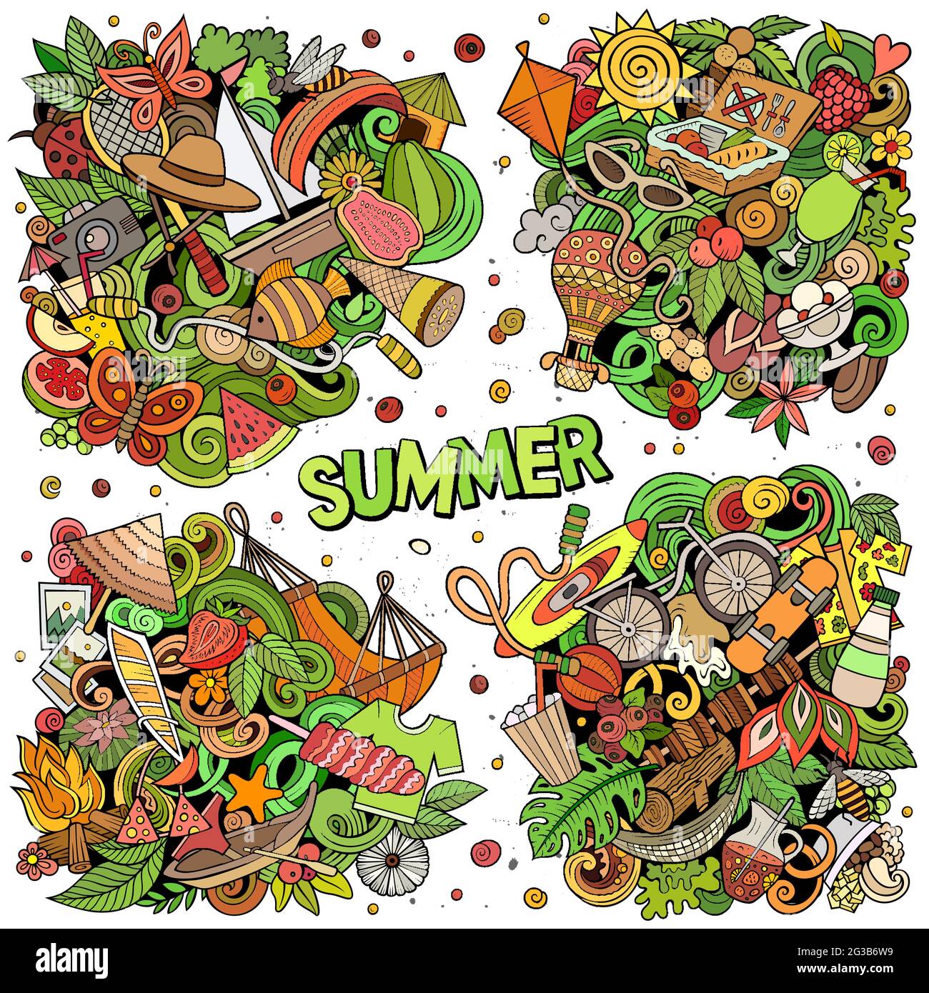 Set di disegni vettoriali doodle cartoni animati estivi. Composizioni colorate e dettagliate con molti oggetti e simboli di stagione. Tutti gli elementi sono separati Illustrazione Vettoriale