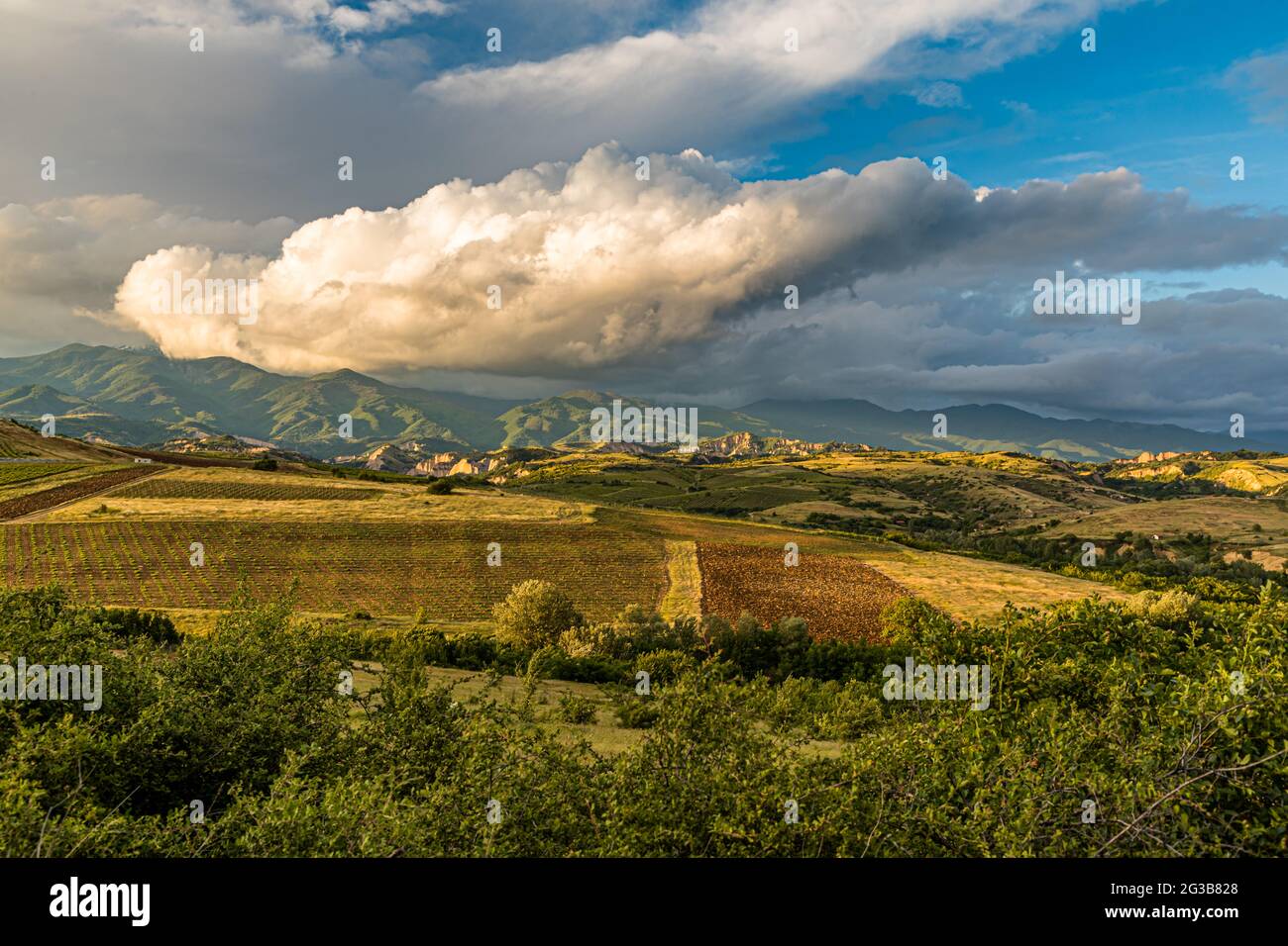 Piramidi di terra di Melnik viste dalla tenuta di famiglia di Zornitza. Lozenitsa, Bulgaria Foto Stock