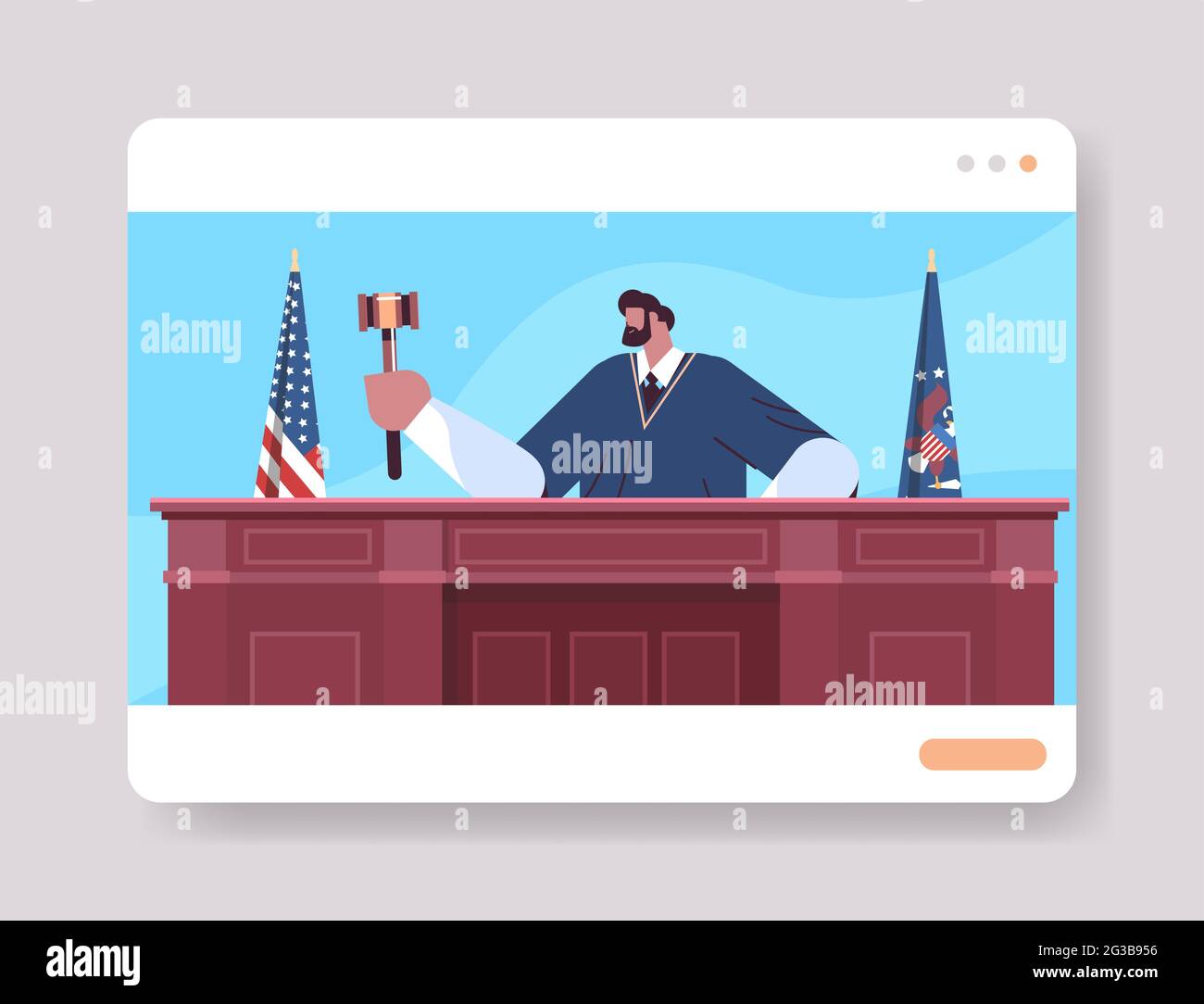 giudice avvocato procurator in uniforme con gavel seduta sul posto di lavoro on-line sessione di tribunale processo di giustizia Illustrazione Vettoriale