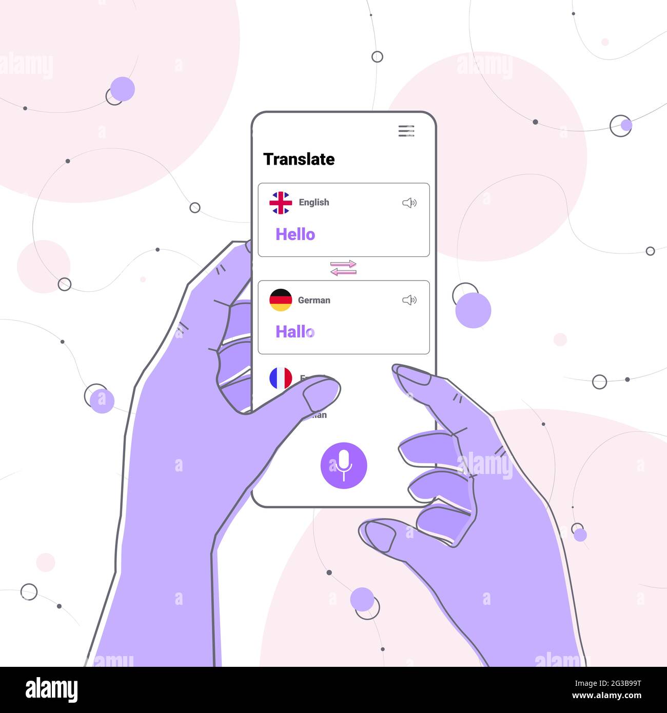 utilizzo manuale di un'applicazione di traduzione mobile saluto multilingue comunicazione internazionale dizionario online Illustrazione Vettoriale