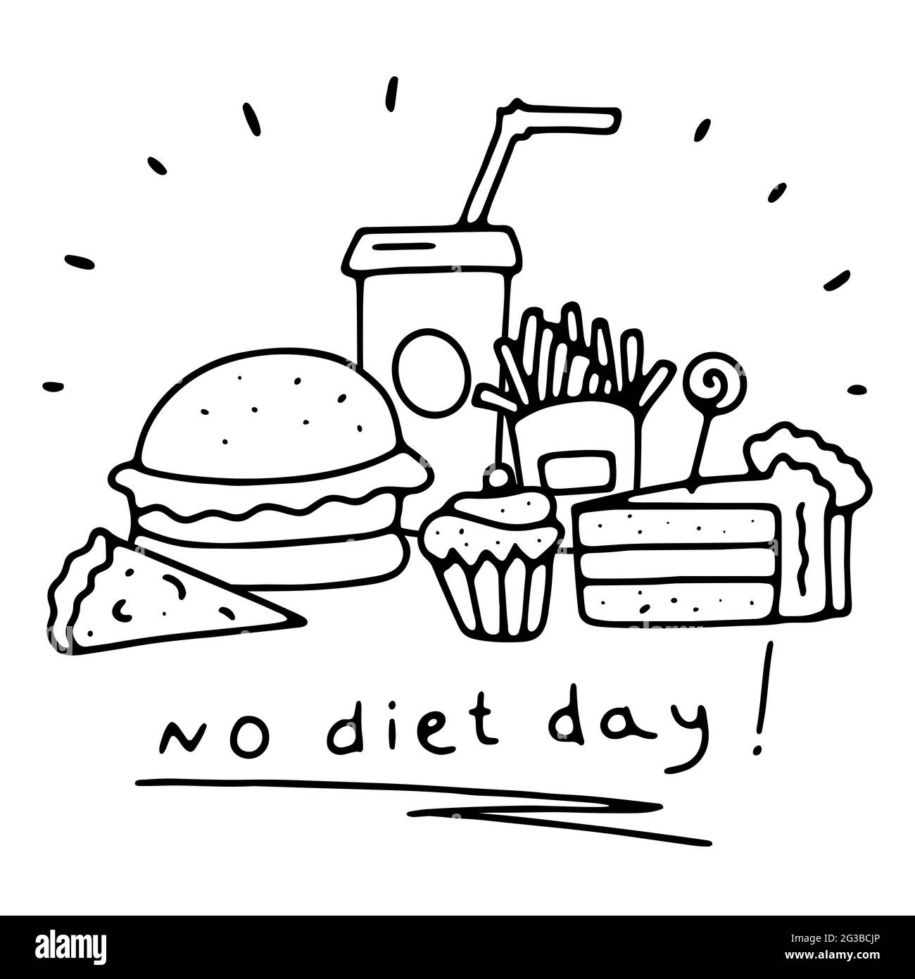Doodle No Dieta giorno banner. Delinea fast food, dolci con scritte isolate su sfondo bianco. Cartello del 6 maggio. Hamburger gustoso, soda, patatine fritte, p Illustrazione Vettoriale