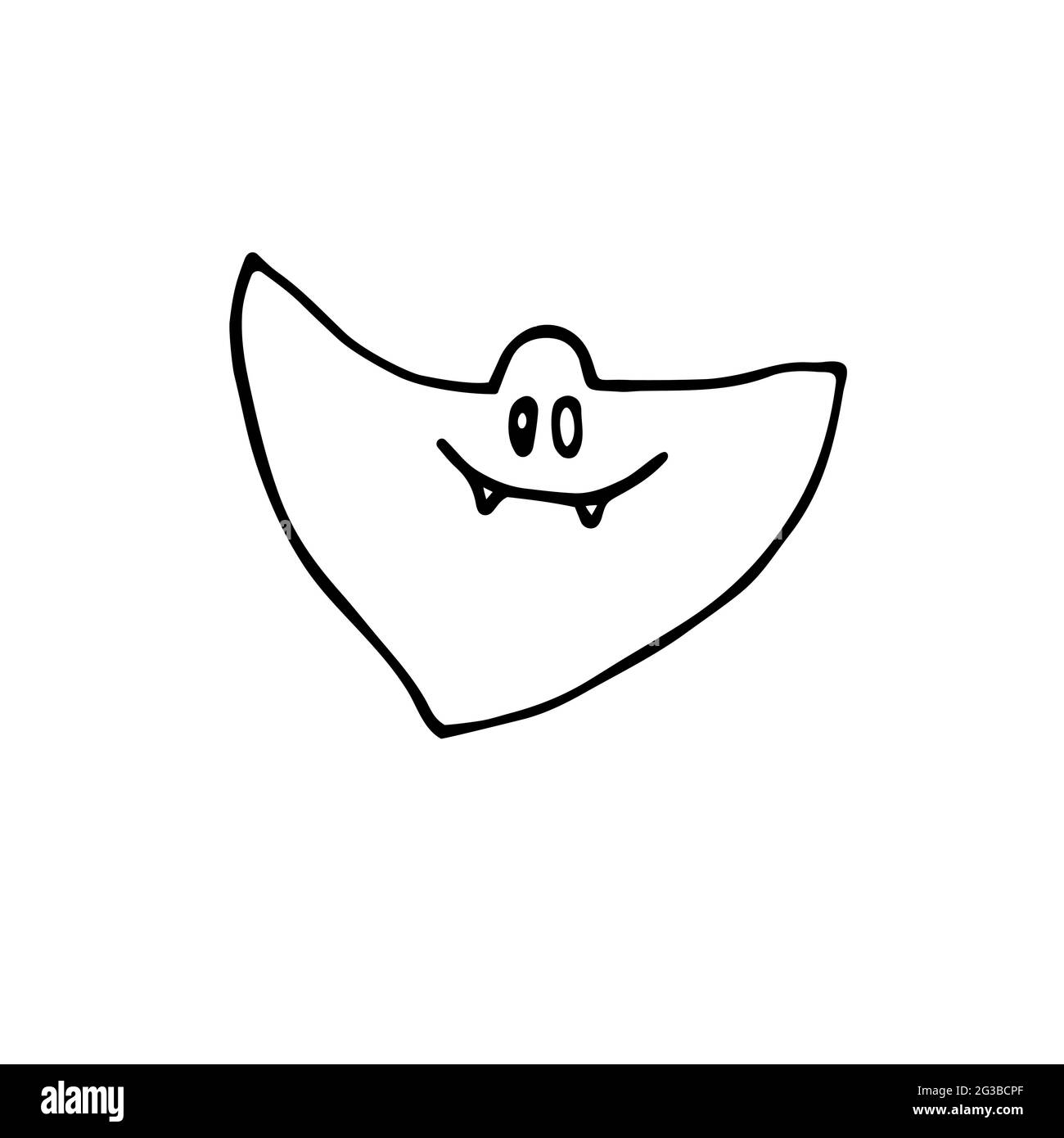 Doodle Halloween sorridente fantasma. Carattere di contorno con fangs isolati su sfondo bianco. Gli spiriti malvagi carini disegnati a mano. Segno di apparizione vettoriale Illustrazione Vettoriale